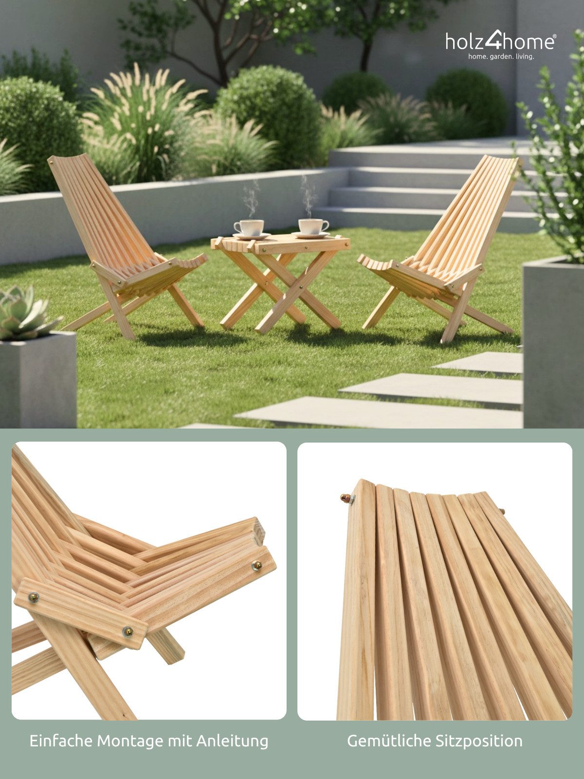 holz4home® Sitzgruppe Skandinavisches Liegestuhl Set aus Kiefernholz für Terrasse & Lounge, Geripptes Design