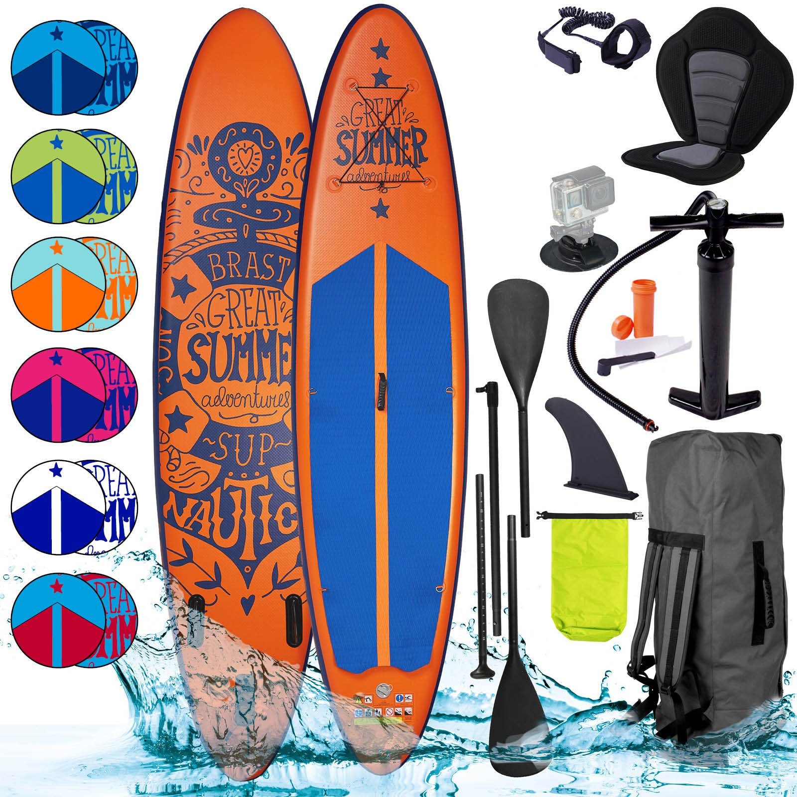 BRAST SUP-Board Summer Aufblasbares Stand up Paddle Set - 320x81x15cm, 5  Jahre Garantie inkl. Sonderzubehör, (2in1 Paddel Kajak-Sitz  Action-Cam-Halterung), Fußschlaufe Paddel Pumpe Rucksack