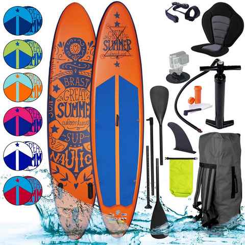 BRAST SUP-Board Summer Aufblasbares Stand up Paddle Set - 320x81x15cm, 5 Jahre Garantie inkl. Sonderzubehör, (2in1 Paddel Kajak-Sitz Action-Cam-Halterung), Fußschlaufe Paddel Pumpe Rucksack