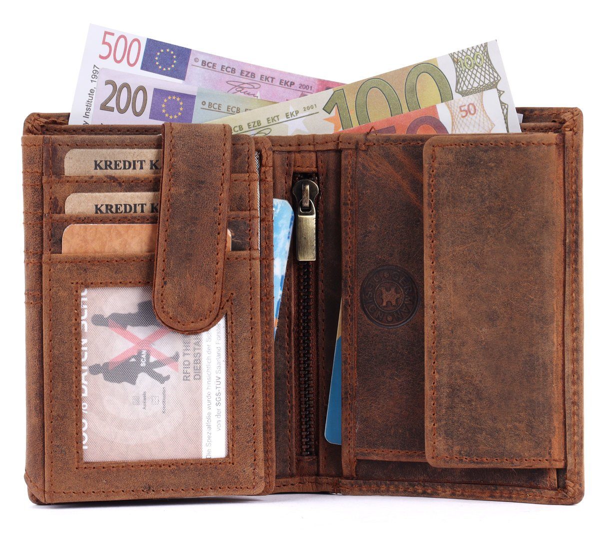 Männerbörse SHG Büffelleder Brieftasche mit Geldbörse Portemonnaie, Herren Schutz RFID Börse Münzfach Leder Lederbörse