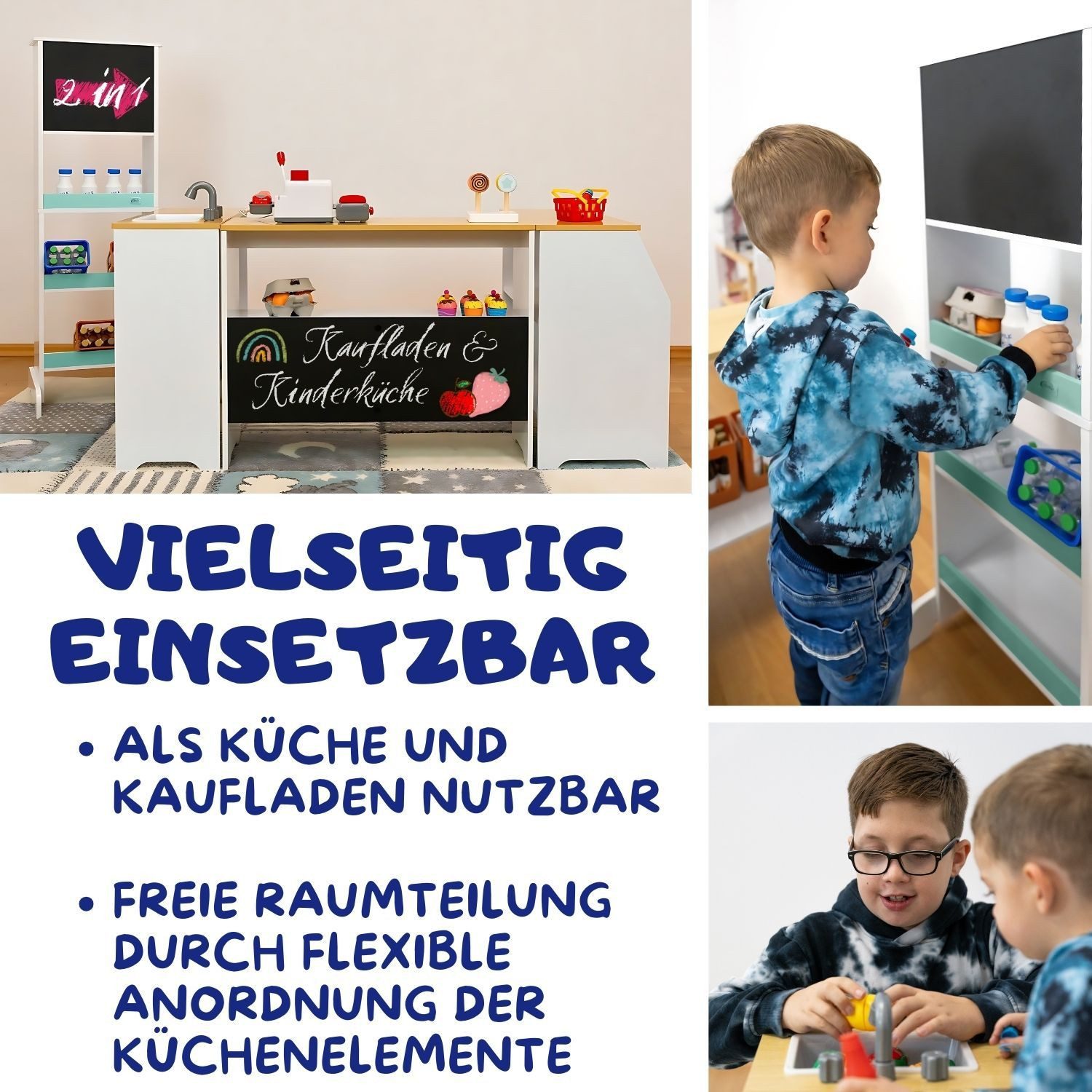 Coemo Spielküche IDA Holz, Türkis Holz Kinderküche 4 Elemente freier Aufbau 2 Kreidetafeln Theke