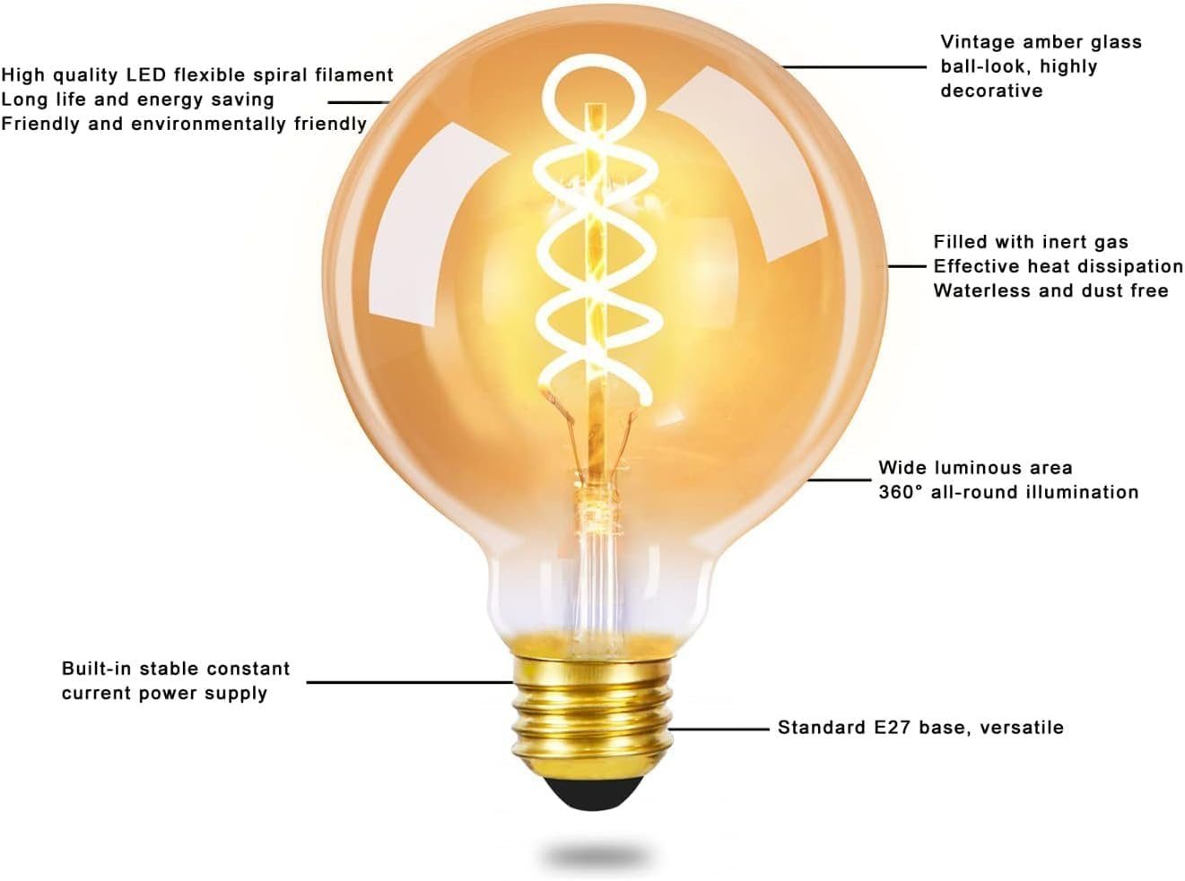 E27, Dekorative Birne St., 3 Globelampen LED-Leuchtmittel Filament Retro Edison 2200K-3500K, 4W, G80 Warmweiß Kugel Glühbirne Glühlampe, ZMH