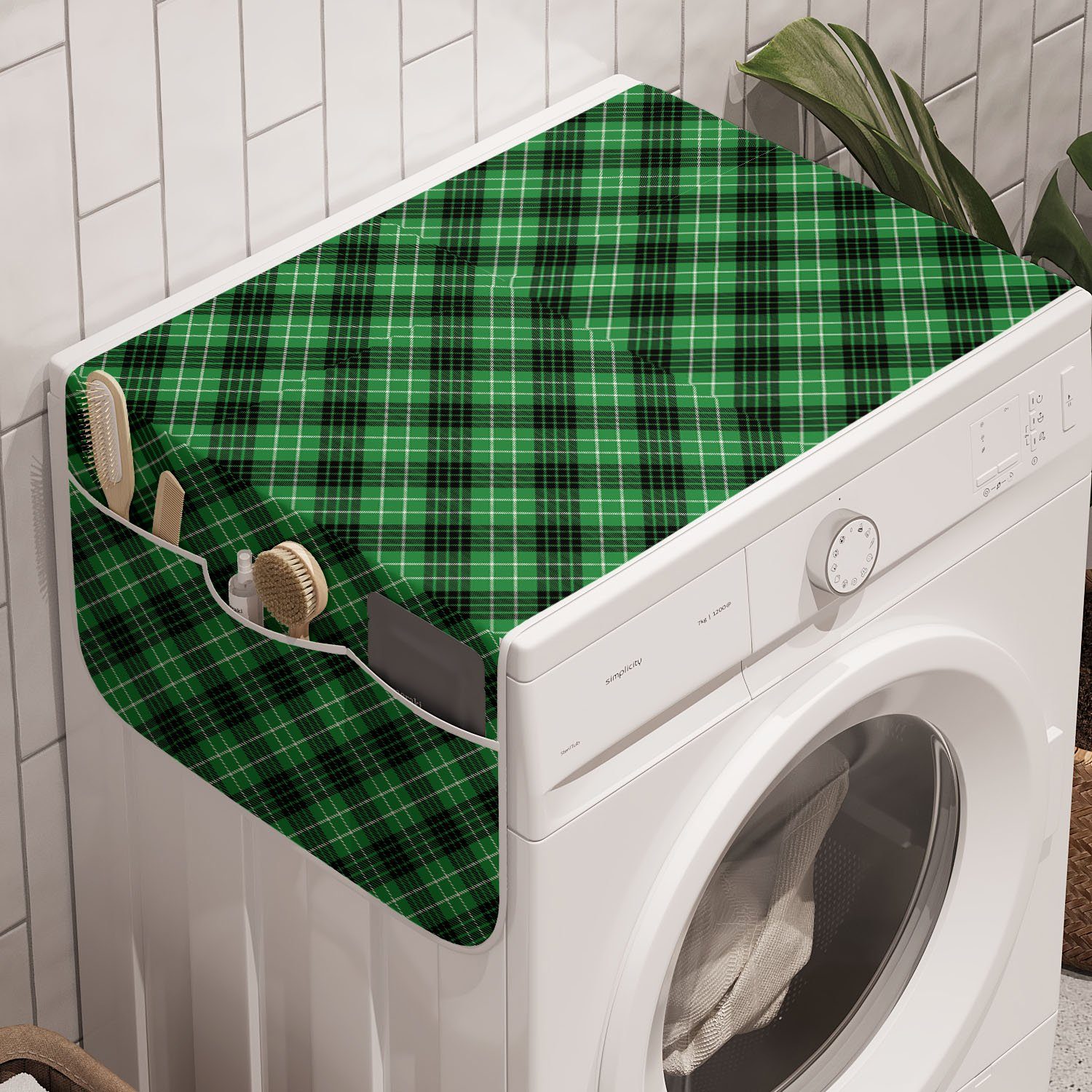 Abakuhaus Badorganizer Anti-Rutsch-Stoffabdeckung für Waschmaschine und Trockner, Plaid Diagonal Tartan Grün