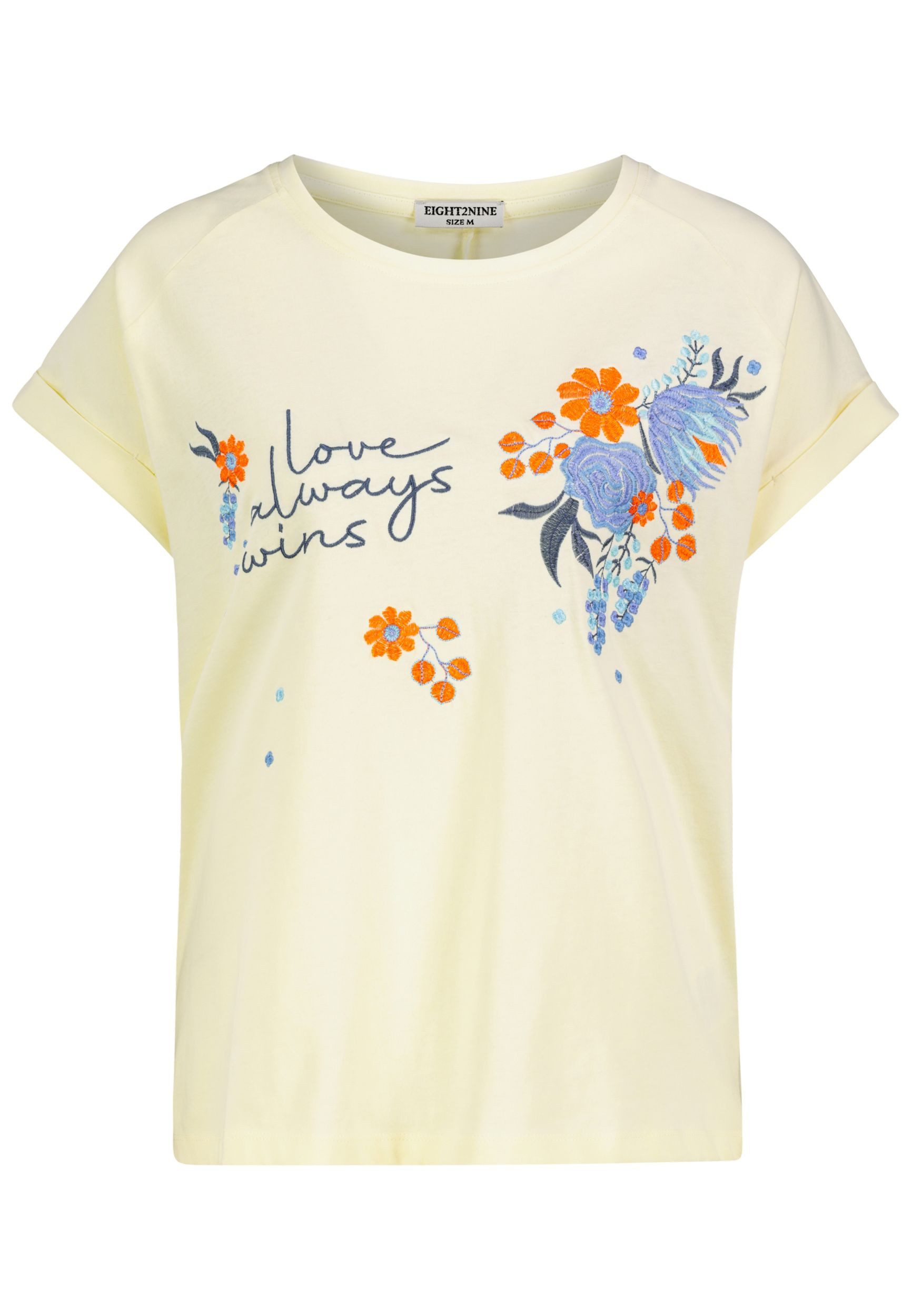 Eight2Nine T-Shirt Blumenstickerei Rundhals Kurzarm Gekrempelter Ärmelsaum für Damen (1-tlg) D12022M02843A_T-shirts