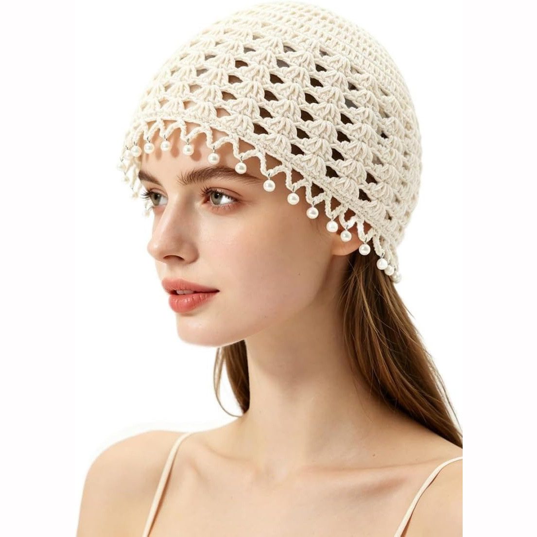 Zaewry Beanie Damen-Bohème-Sommer-Strickmütze mit Quasten und Perlen, lockere Häkelmütze für Sommerreisen und den täglichen Gebrauch