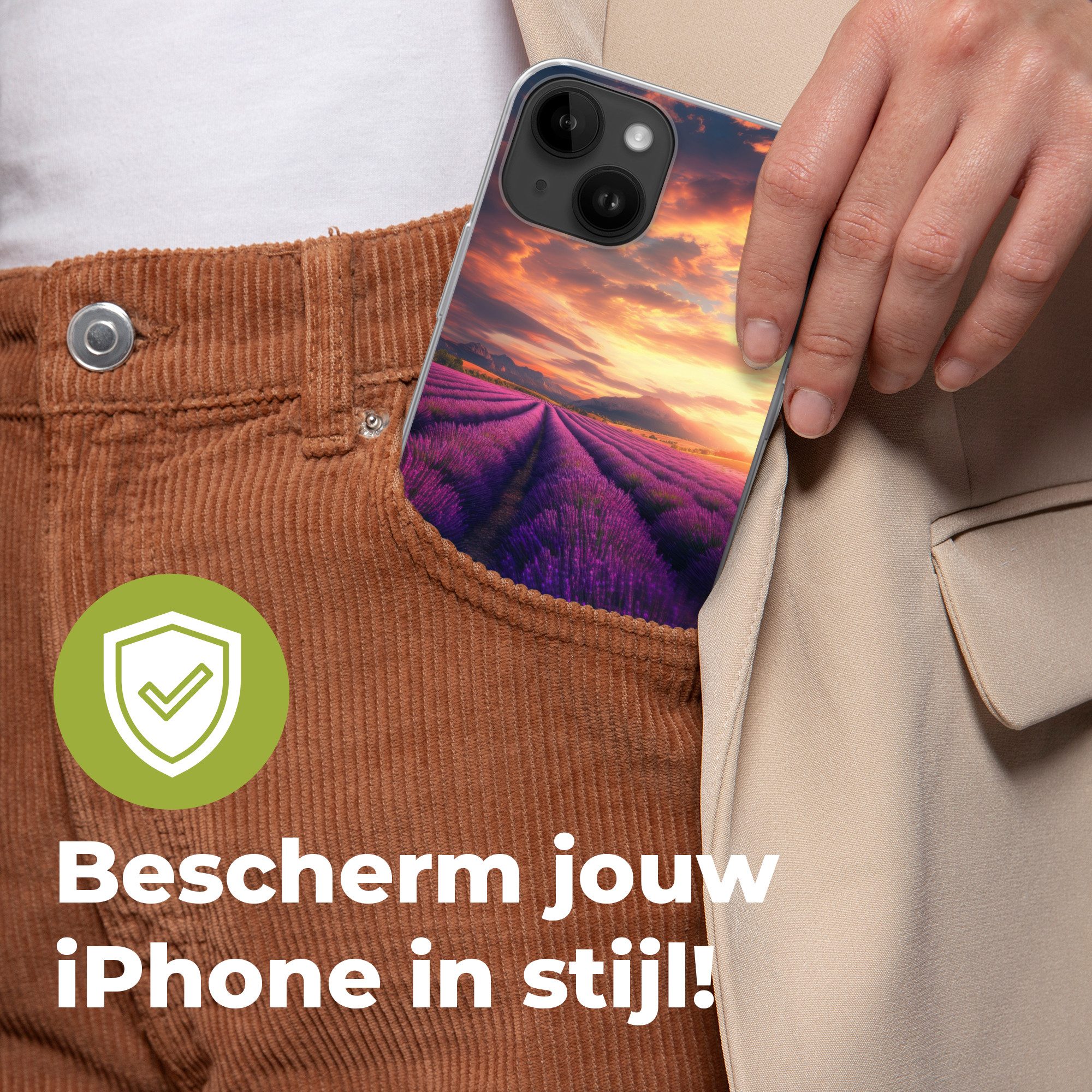 MuchoWow Handyhülle für Apple iPhone 14 Lavendelfeld - Sonnenuntergang - Lila, Smartphone-Bumper, Print, Handy Schutzhülle Dünn