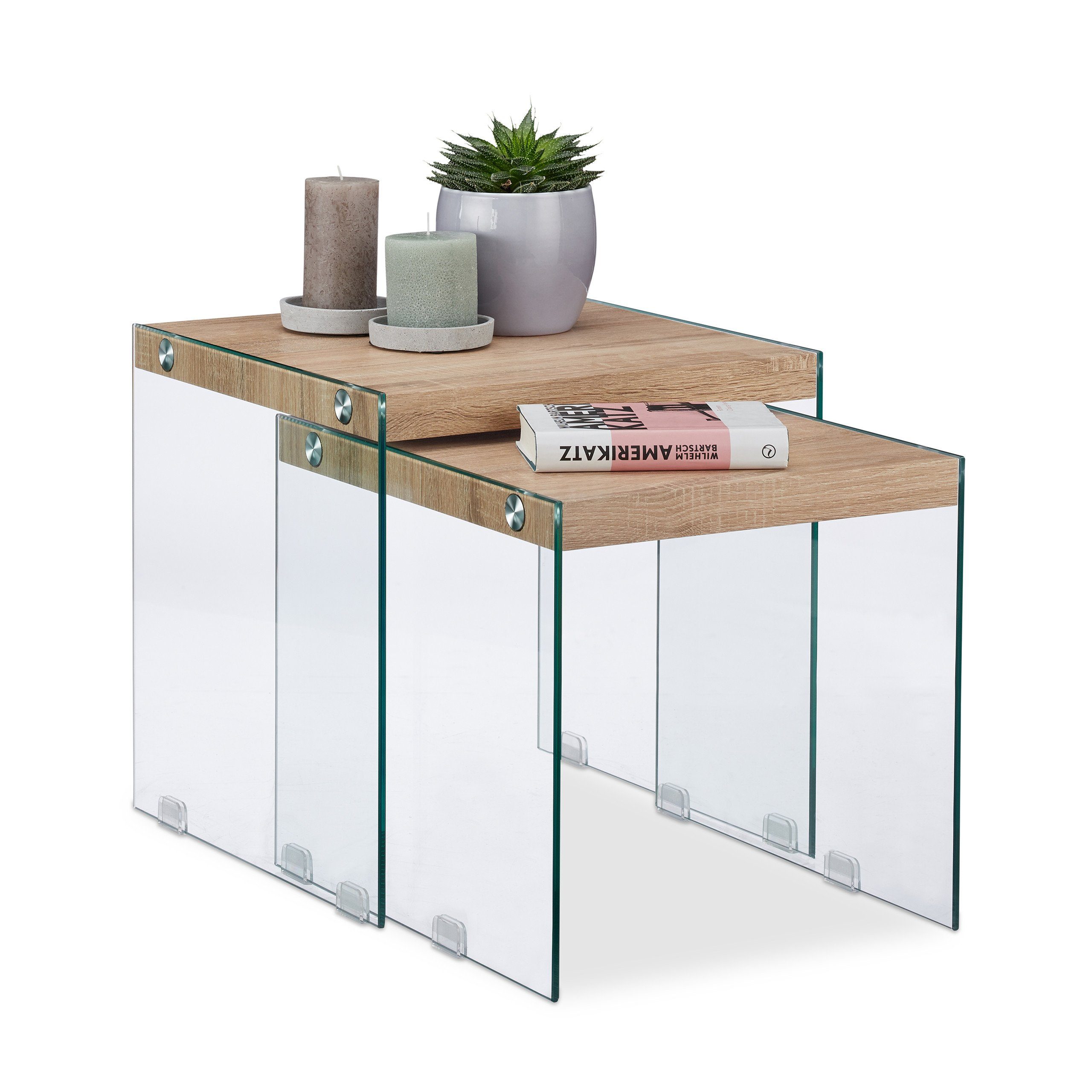Satztisch 2er Set Holz+Glas