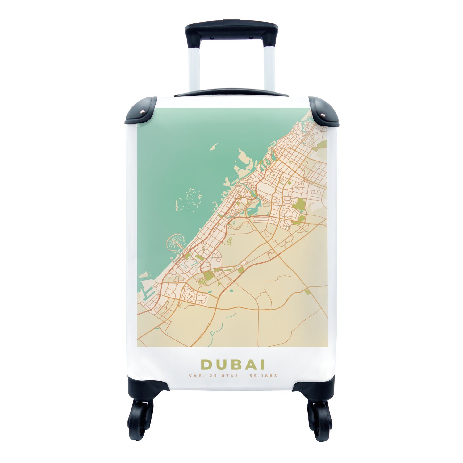 MuchoWow Handgepäckkoffer Dubai - Stadtplan - Vintage - Karte, 4 Rollen, Reisetasche mit rollen, Handgepäck für Ferien, Trolley, Reisekoffer