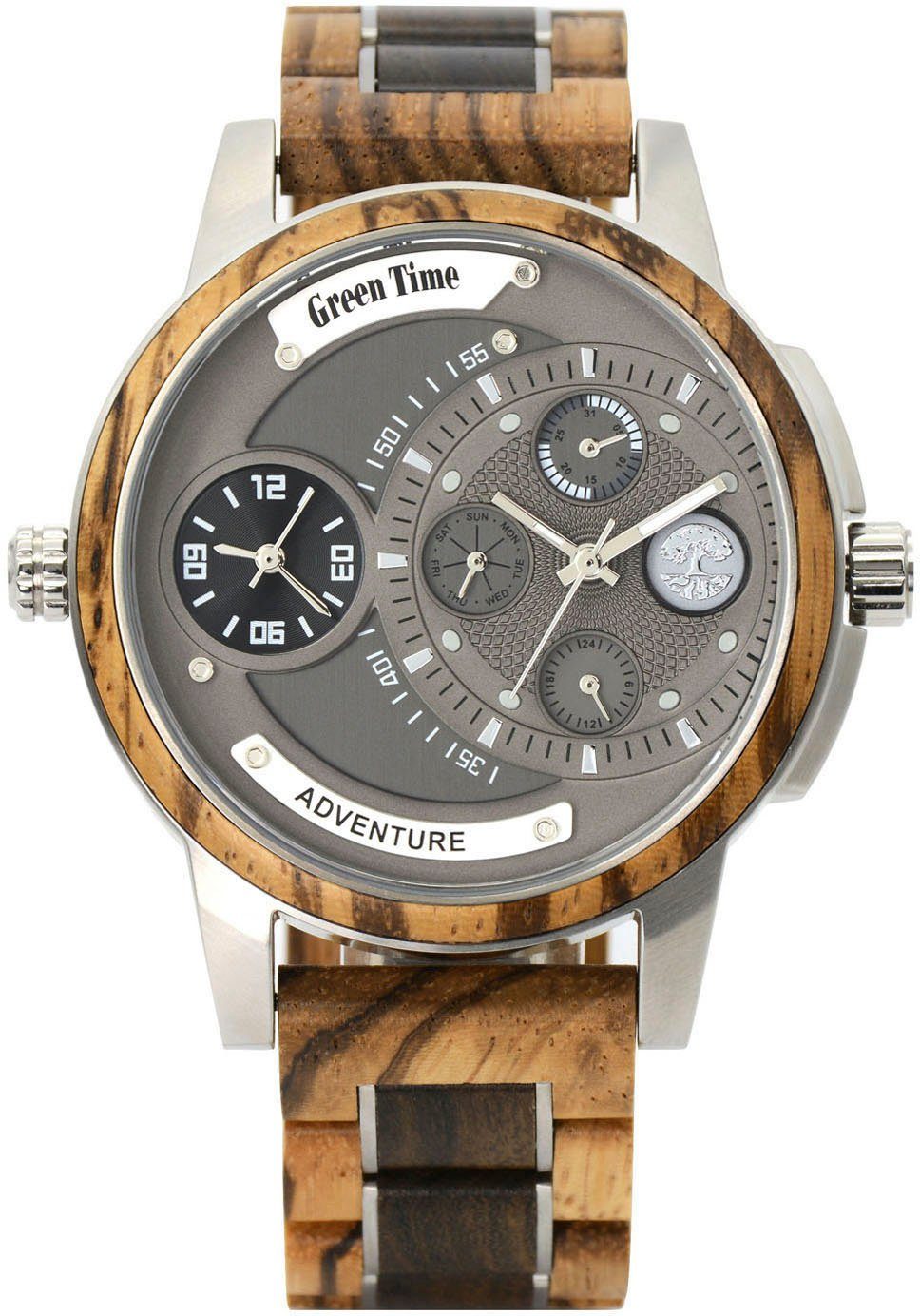 GreenTime Quarzuhr ZW158B, Holz, Armband aus Holz mit PVD-beschichtetem  Edelstahl