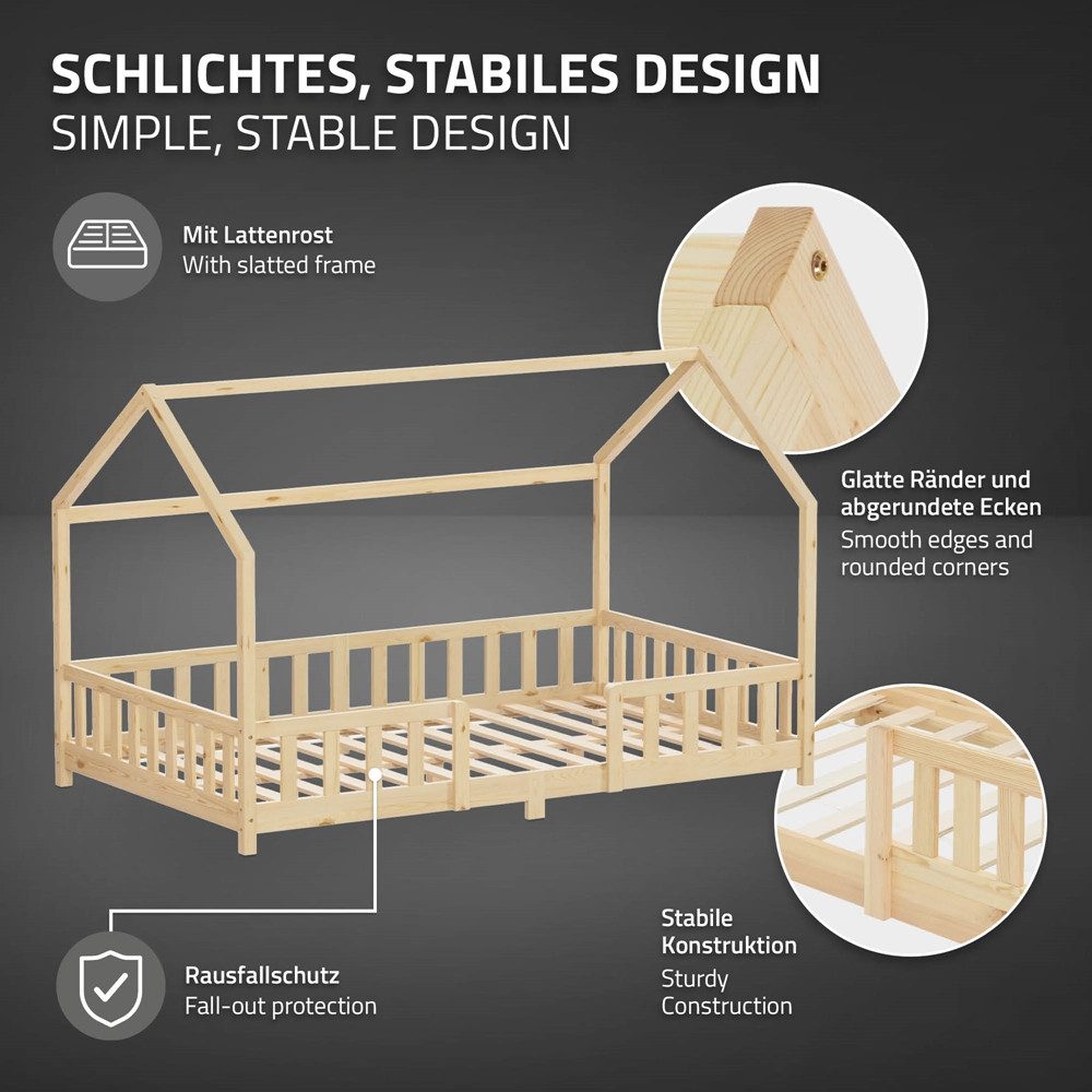ML-DESIGN Spielbett Hausbett Kinderbett inkl. Lattenrost kreativ Bodenbett für Kinder, Abenteuerbett ohne Matratze 120x200cm Holzbett Kiefer Bettgestell