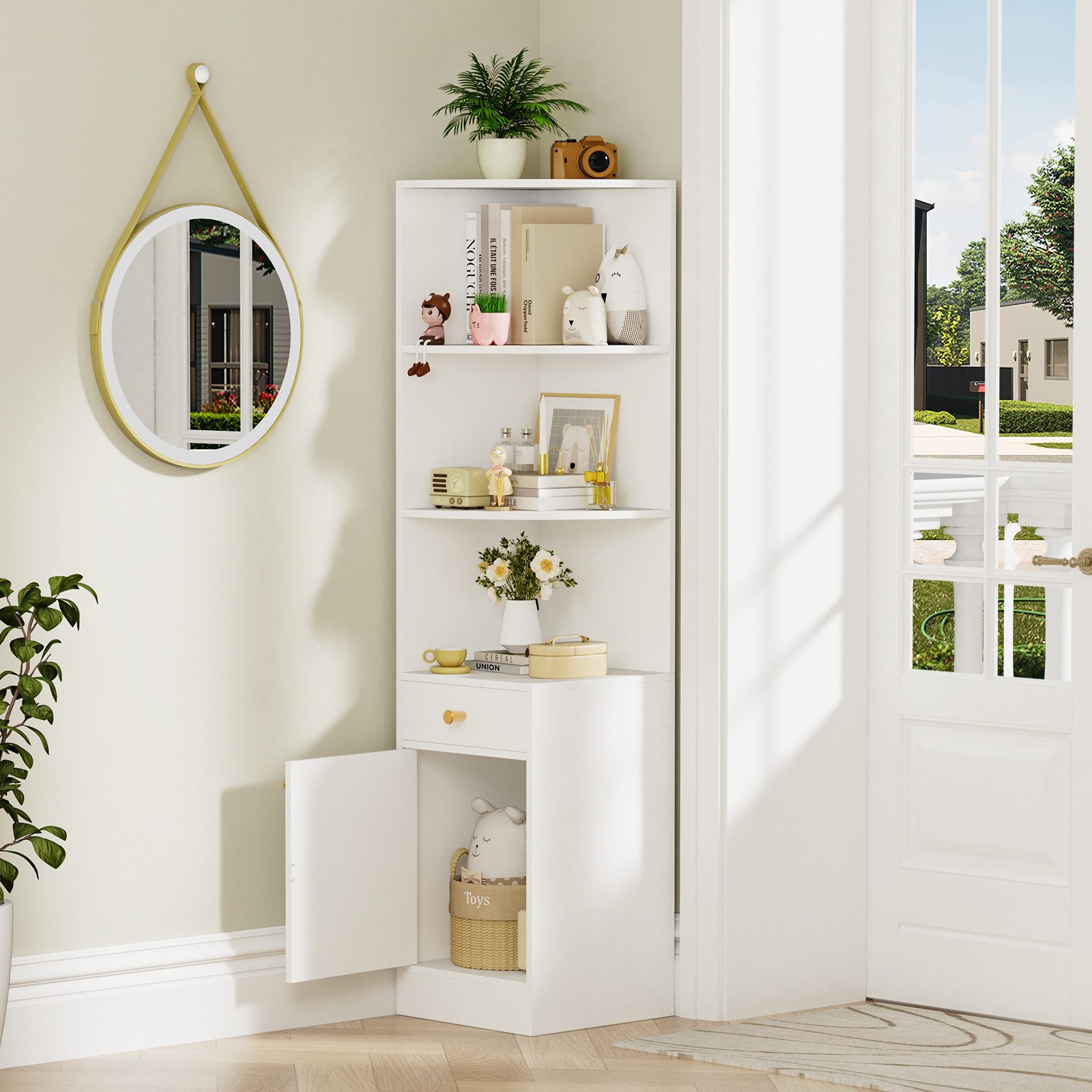 JEOBEST Bücherregal Modernes Eckregal Hochschrank 160cm, Standregal Lagerregal, 1St. 3 Offene Regale Eck-Bücherschrank,1 Schublade,1 Schrank mit Türen – Bild 2 von 5