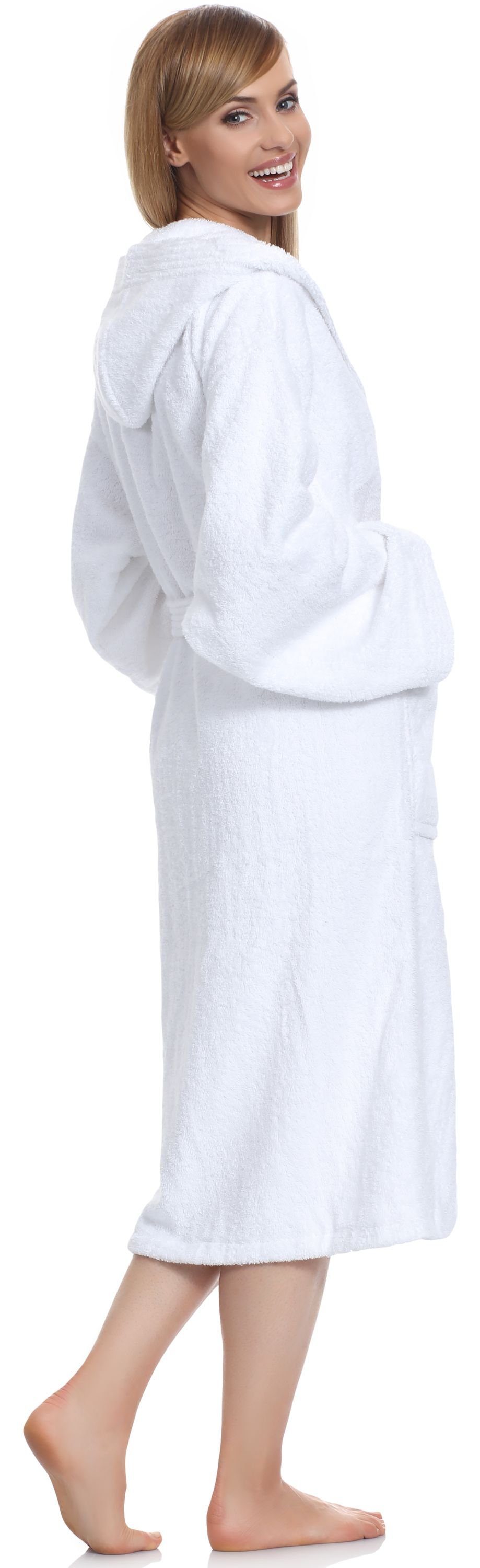 Damen LA40-102, Baumwolle, 100% (P01) Bademantel aus Weiß Frottee Bademantel Baumwolle Langform, Kapuze Ladeheid