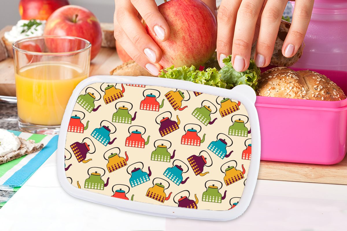rosa Erwachsene, Brotdose - - Teekanne Lunchbox Kunststoff - Brotbox MuchoWow Kinder, Design Kunststoff, (2-tlg), für Snackbox, Mädchen, Retro Farben,