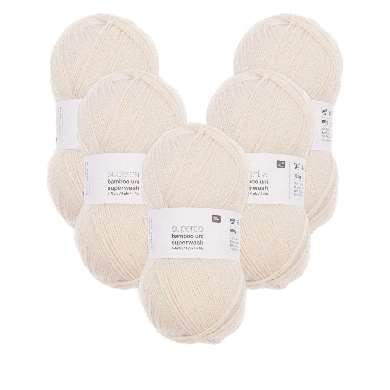 Rico Design 5 x RICO SUPERBA BAMBOO UNI SUPERWASH 4-FÄDIG Häkelwolle, 420 m