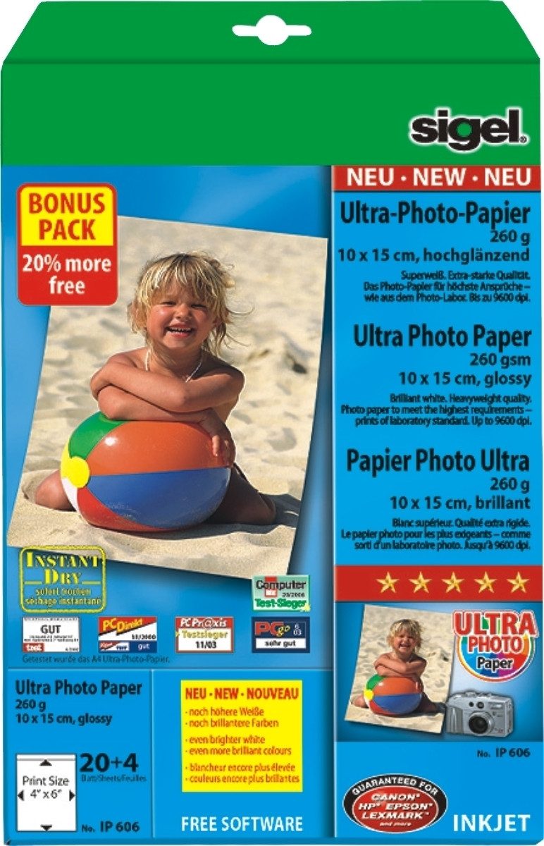 Sigel Fotopapier Fotopapier 10x15cm 260g/qm glossy VE=20+4 Blatt