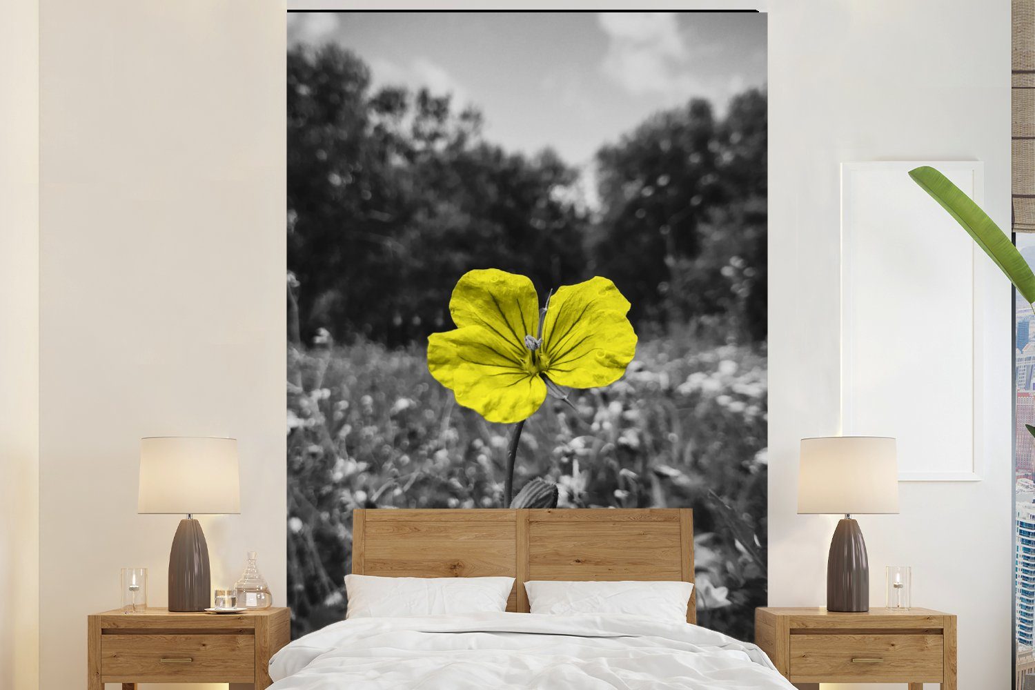 MuchoWow Fototapete Blumen - Gelb - Schwarz - Weiß, Matt, bedruckt, (3 St), Montagefertig Vinyl Tapete für Wohnzimmer, Wandtapete