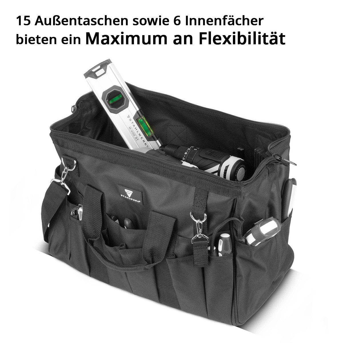 STAHLWERK Werkzeugtasche stabile XL-Montagetasche Elektrikertasche 21 Fächer