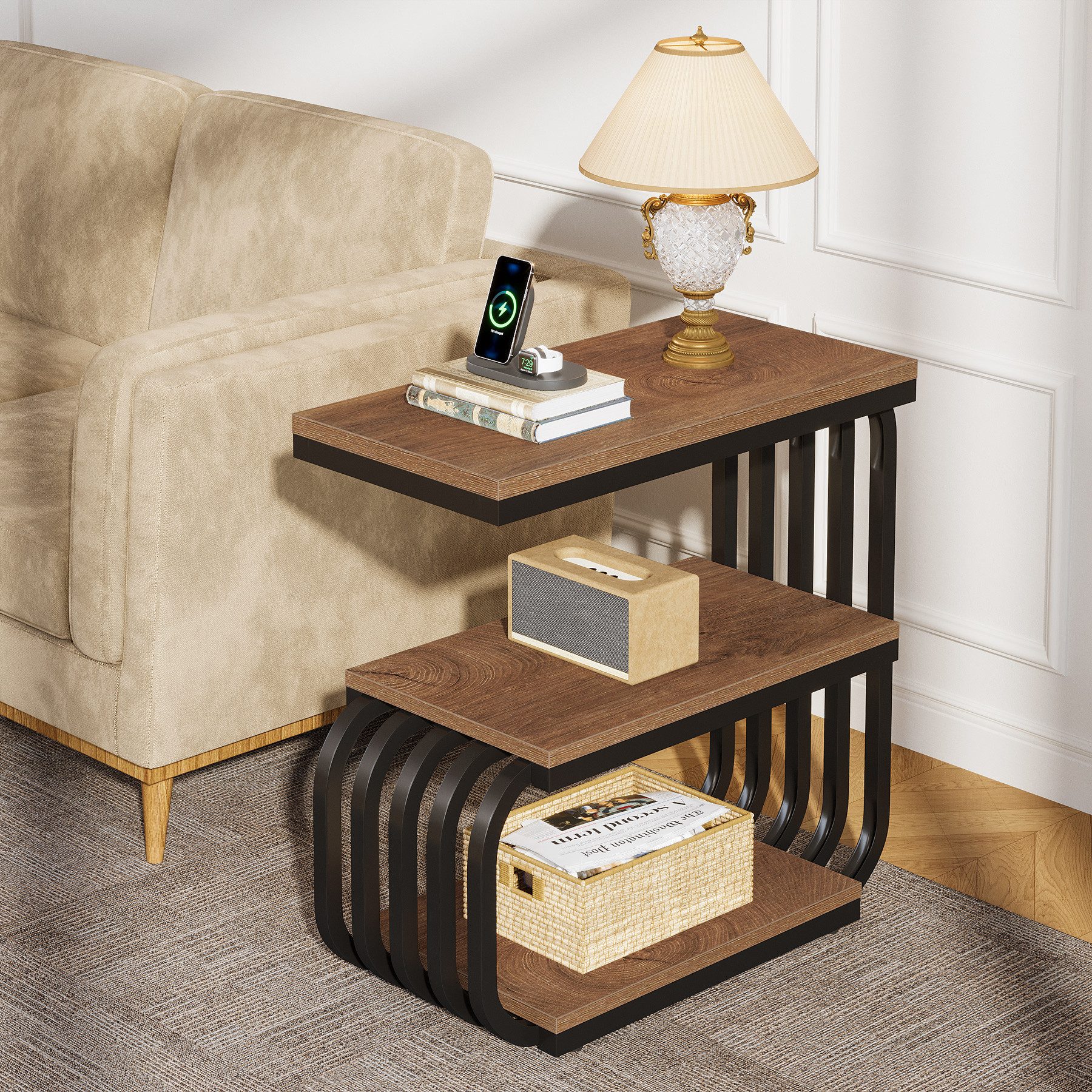 Tribesigns Beistelltisch 3 Etagen Schmaler Robuster Couchtisch mit Metallgestell und Holzplatte