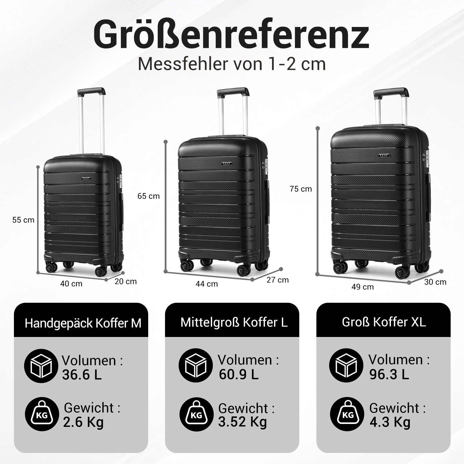 KONO Hartschalen-Trolley (20/24/28 Zoll), Leichter PP-Reisekoffer mit TSA-Schloss