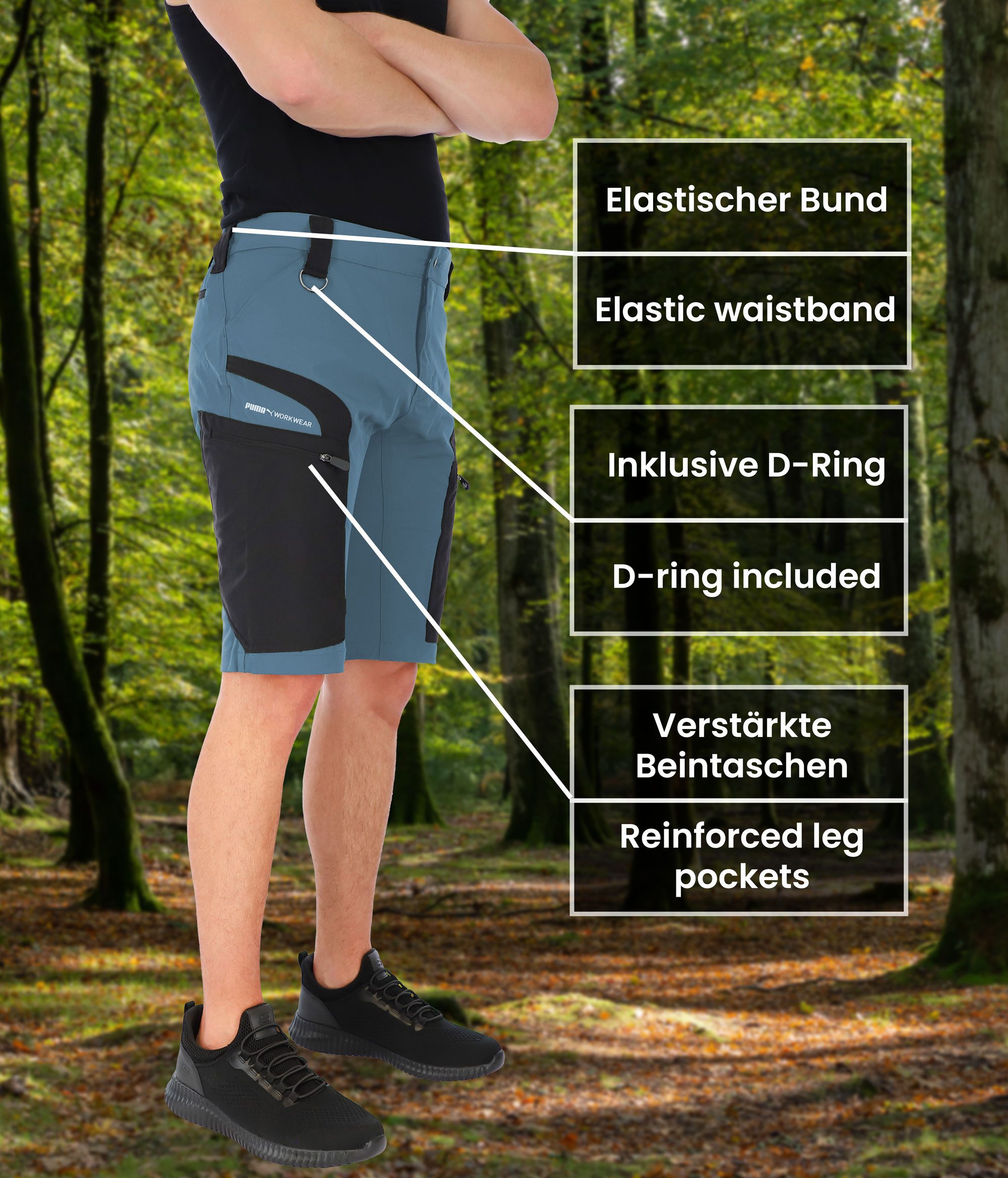 PUMA Workwear Trekkinghose PRO ONE ADVENTURE Outdoor Shorts Herren - Mit D-Ring - 4-Wege Stretch Robuste Wanderhose Herren kurz - Outdoor Hosen Herren