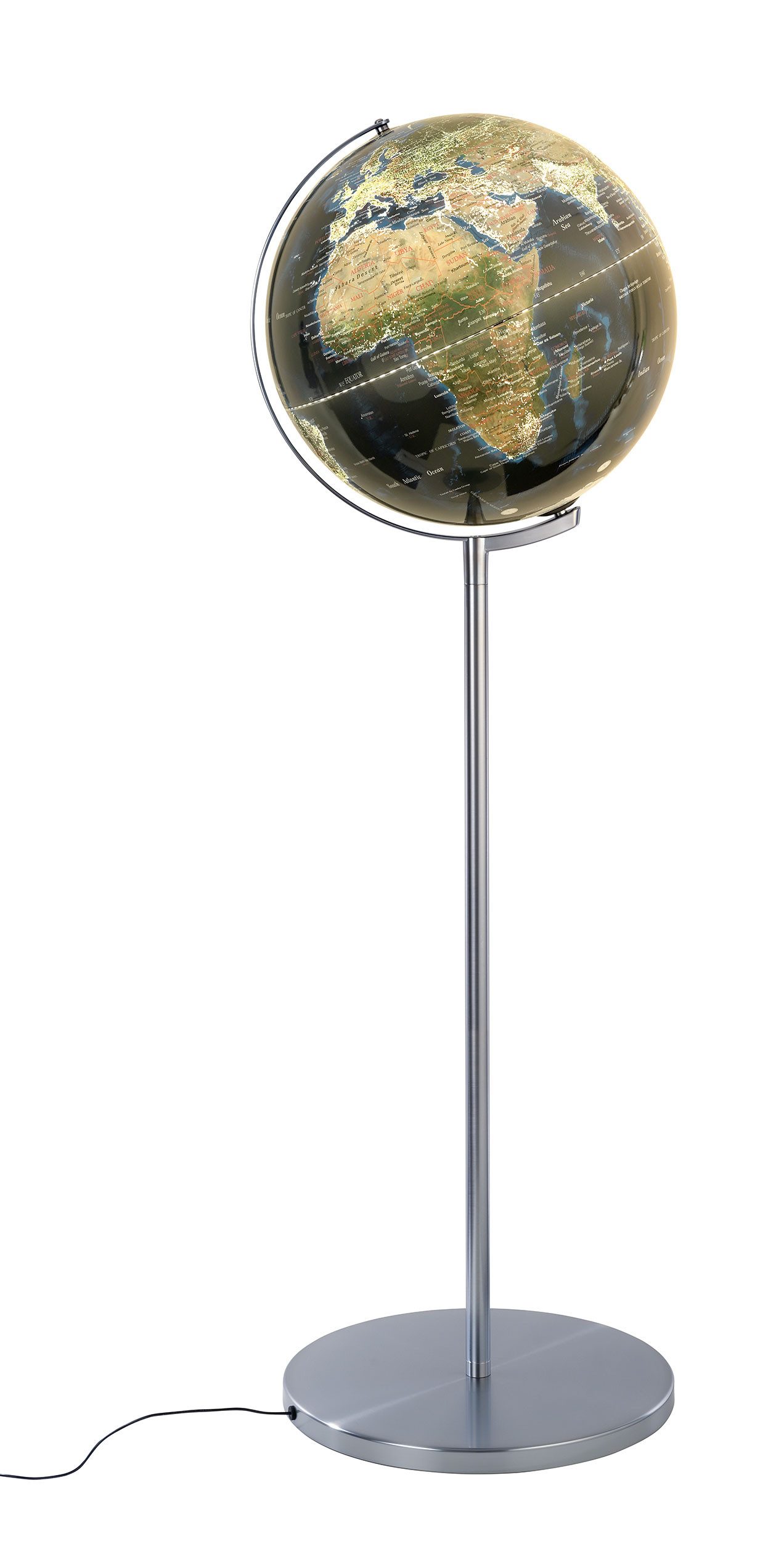 TROIKA Globus SOJUS LIGHT mit LED & verchromtem Standfuß, 43x43x132 cm, (43 cm Durchmesser), englische Beschriftung, in 3 Farbvarianten, hochwertige Verarbeitung