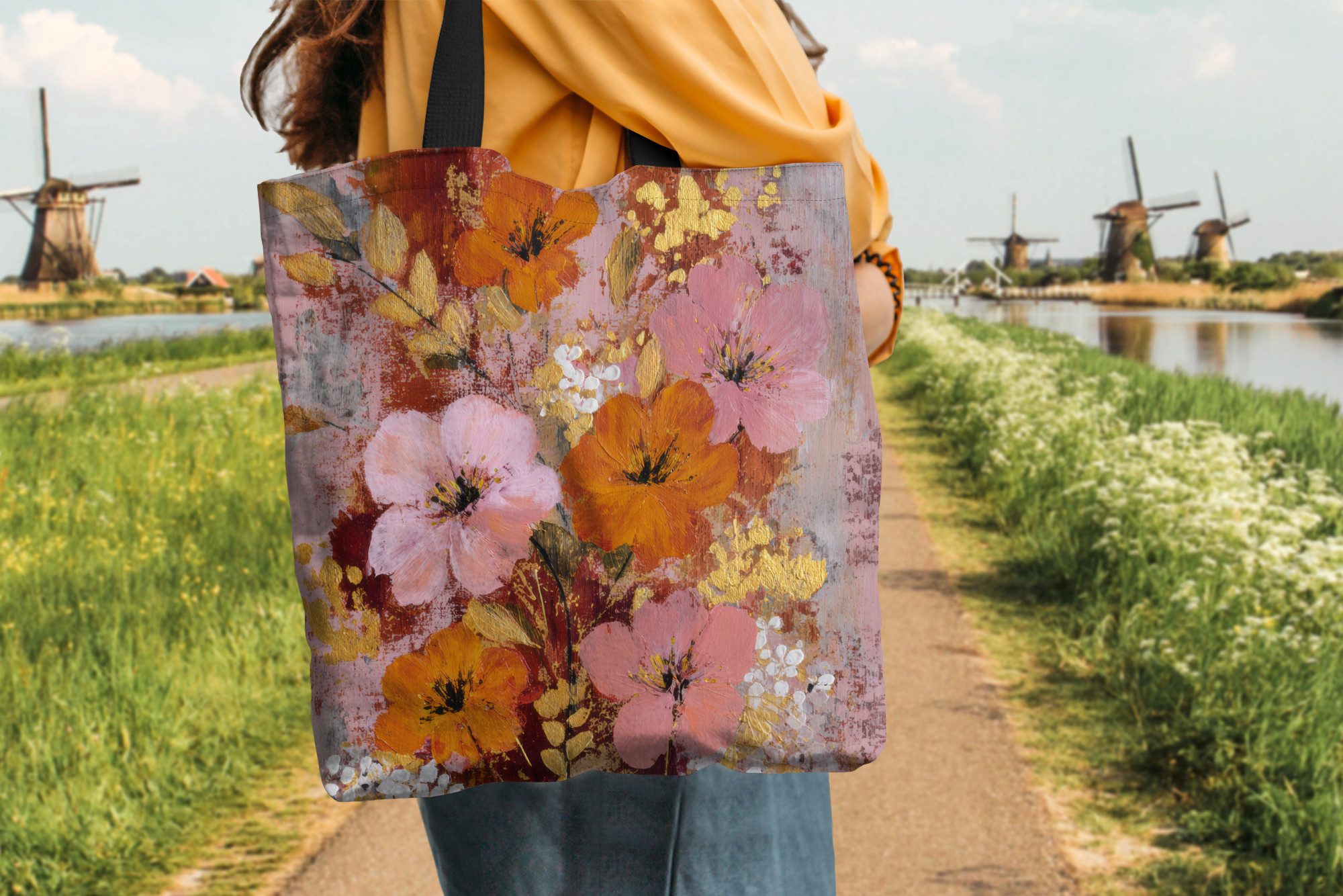 MuchoWow Shopper Malerei - Blumen - Rustikal - Rosa, Handtasche, Damen und Herren, Schultertasche, Umhängetasche, Tote Bag
