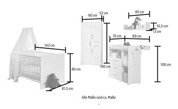 BMG Möbel Babyzimmer-Komplettset Lea, (Set, 4-St., Bett, Wickelkommode, Schrank, Wandboard), Bett + Wickelkommode + 3-trg. Schrank + Wandboard