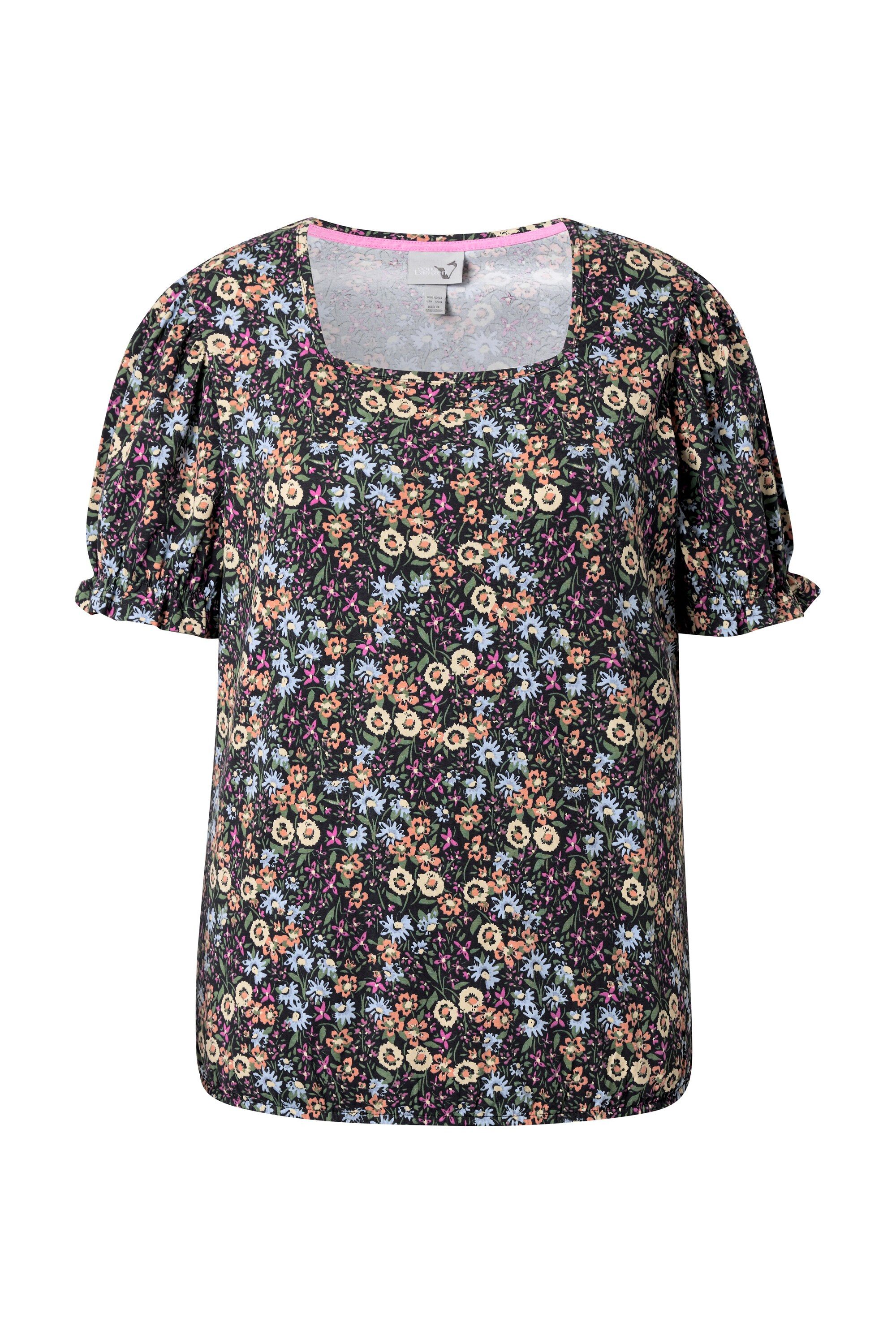 Ulla Popken T-Shirt T-Shirt Blüten Rüschen Carré-Ausschnitt Halbarm