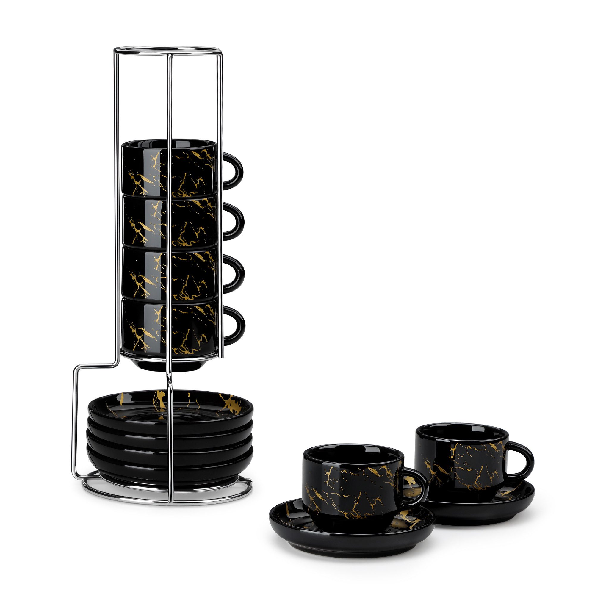 MALACASA Kaffeeservice Porzellan Espressotasse, Metallständer, Weiß/Schwarz/Marmor (6-tlg), 6 Personen, Porzellan
