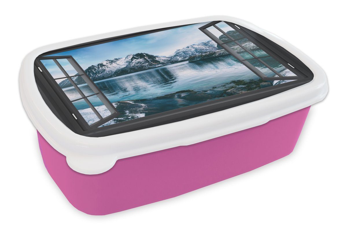 MuchoWow Lunchbox Aussicht - Berg - Wasser, Kunststoff, (2-tlg), Brotbox für Erwachsene, Brotdose Kinder, Snackbox, Mädchen, Kunststoff rosa