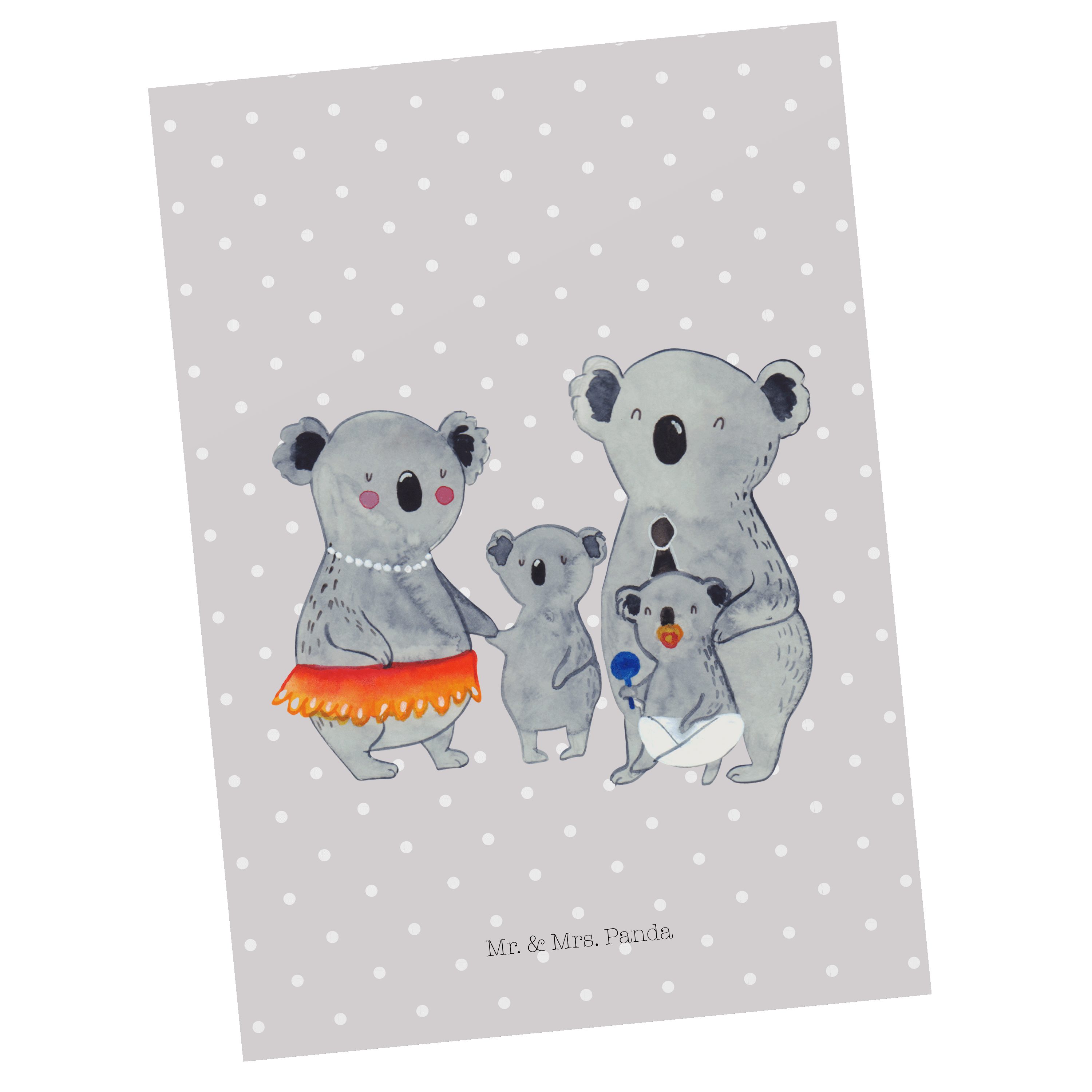 Mr. & Mrs. Panda Postkarte Koala Familie - Grau Pastell - Geschenk, Koalas, quality time, Einlad