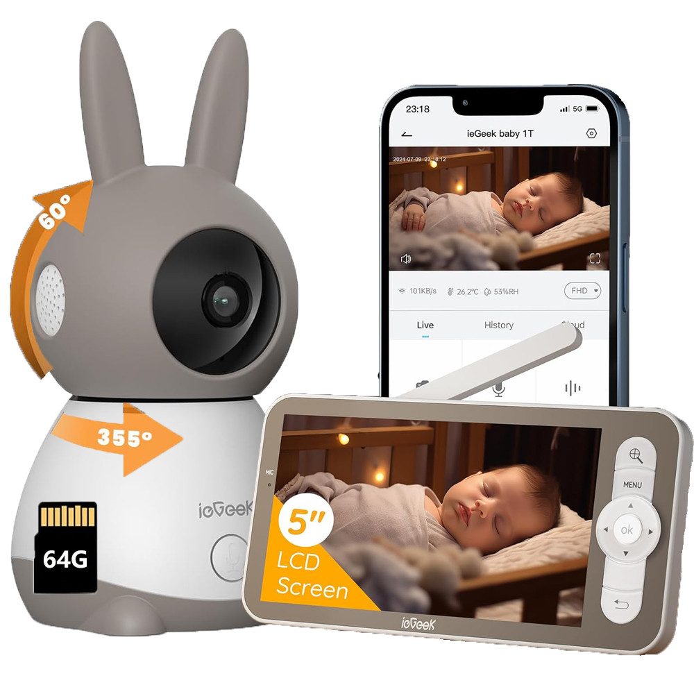 Babyphone 5 Zoll WLAN Video babyfone PTZ 355° Babyphone mit Kamera 2K/3MP
