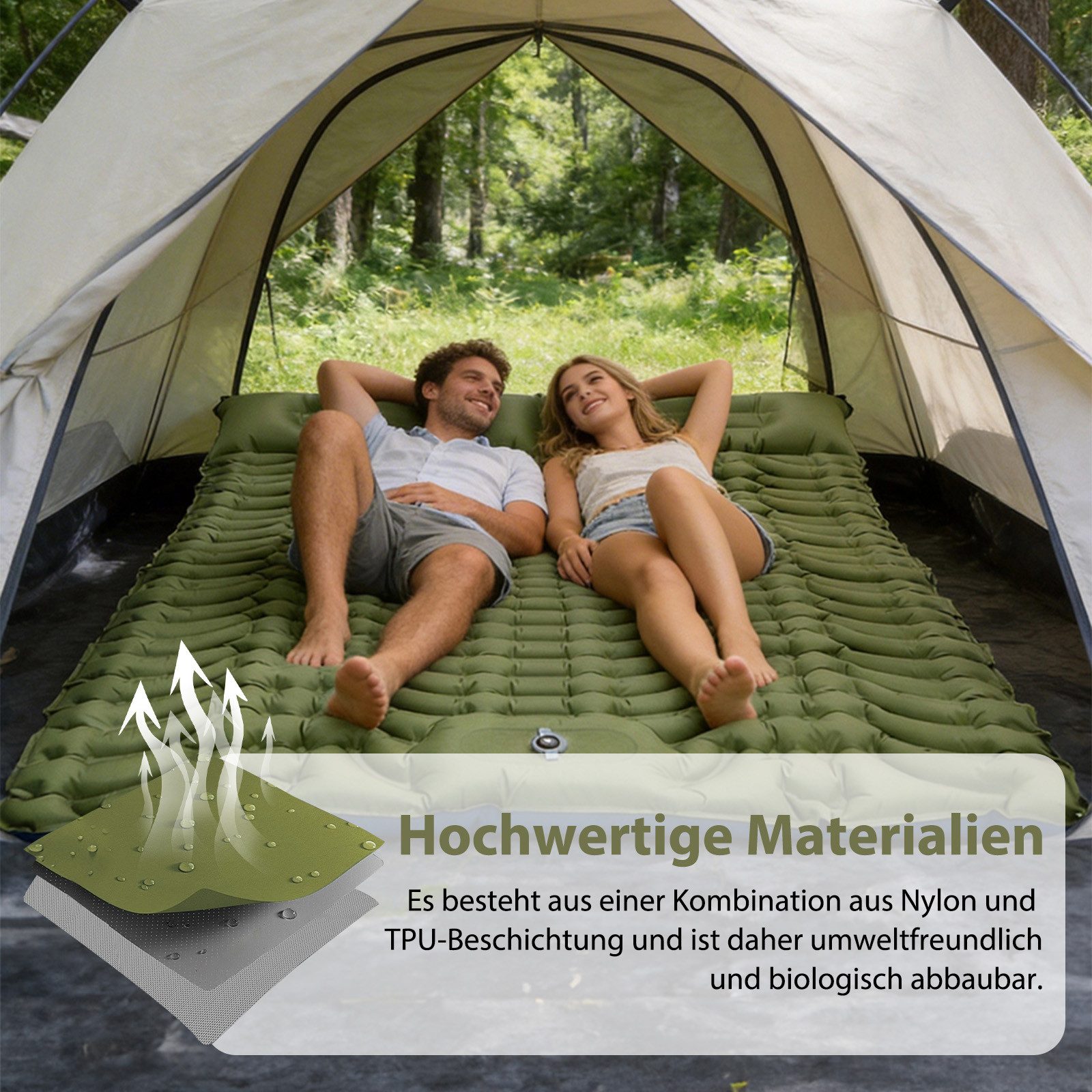 AKKEE Isomatte Doppel-Isomatte Outdoor, Campingmatratze, Isomatte Ultraleicht, Isomatte Camping Selbstaufblasend mit Fußpresse Pumpe und Kissen