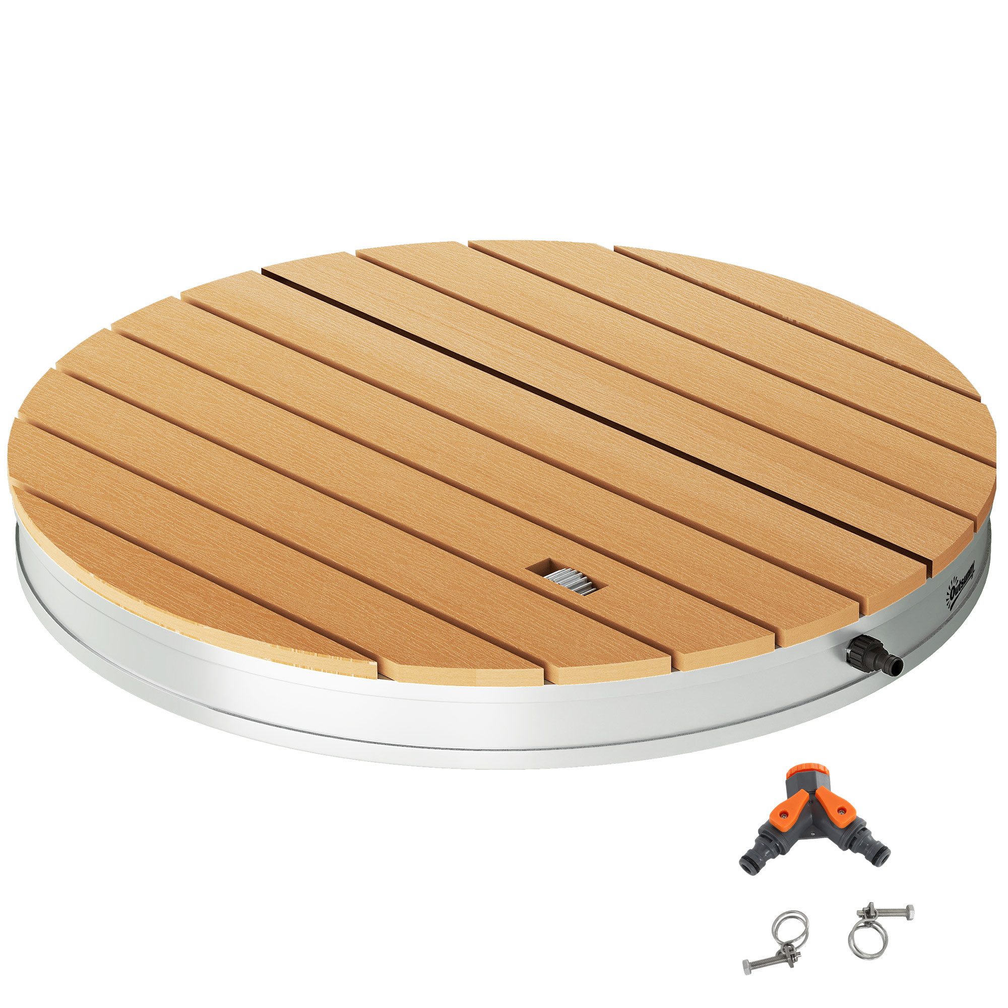 Outsunny Gartendusche mit einstellbar Fußrad, bis 4 m Fontänenhöhe (Aluminium Aussendusche, 1 St., Outdoor Bodendusche), Ø70,5 cm, Holzoptik, rutschfeste, Wetterfest, für Pool Sauna