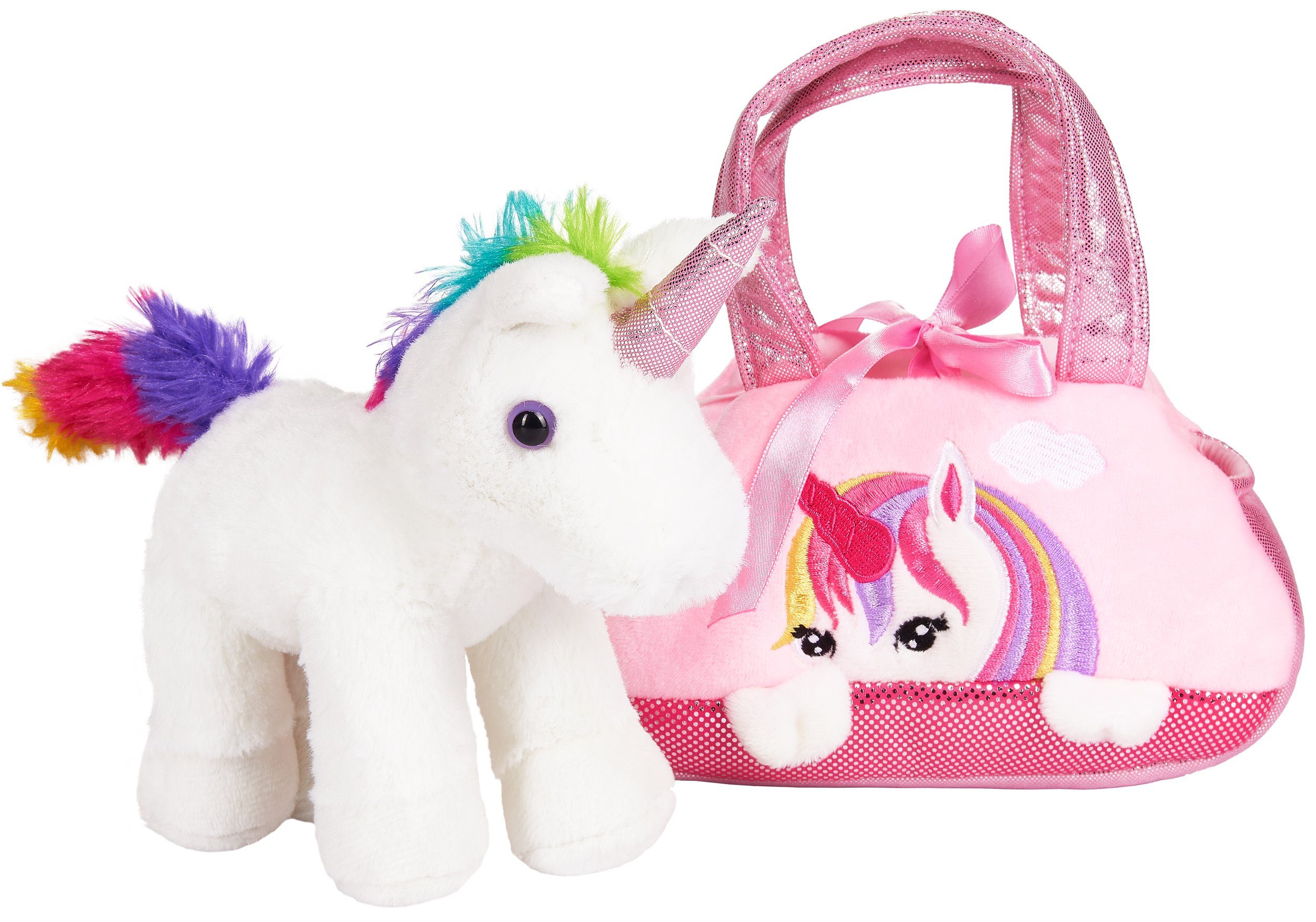BRUBAKER Kuscheltier Einhorn Tasche Regenbogen 20 cm (1-St., Plüschtier in Handtasche), Glitzer Stofftier