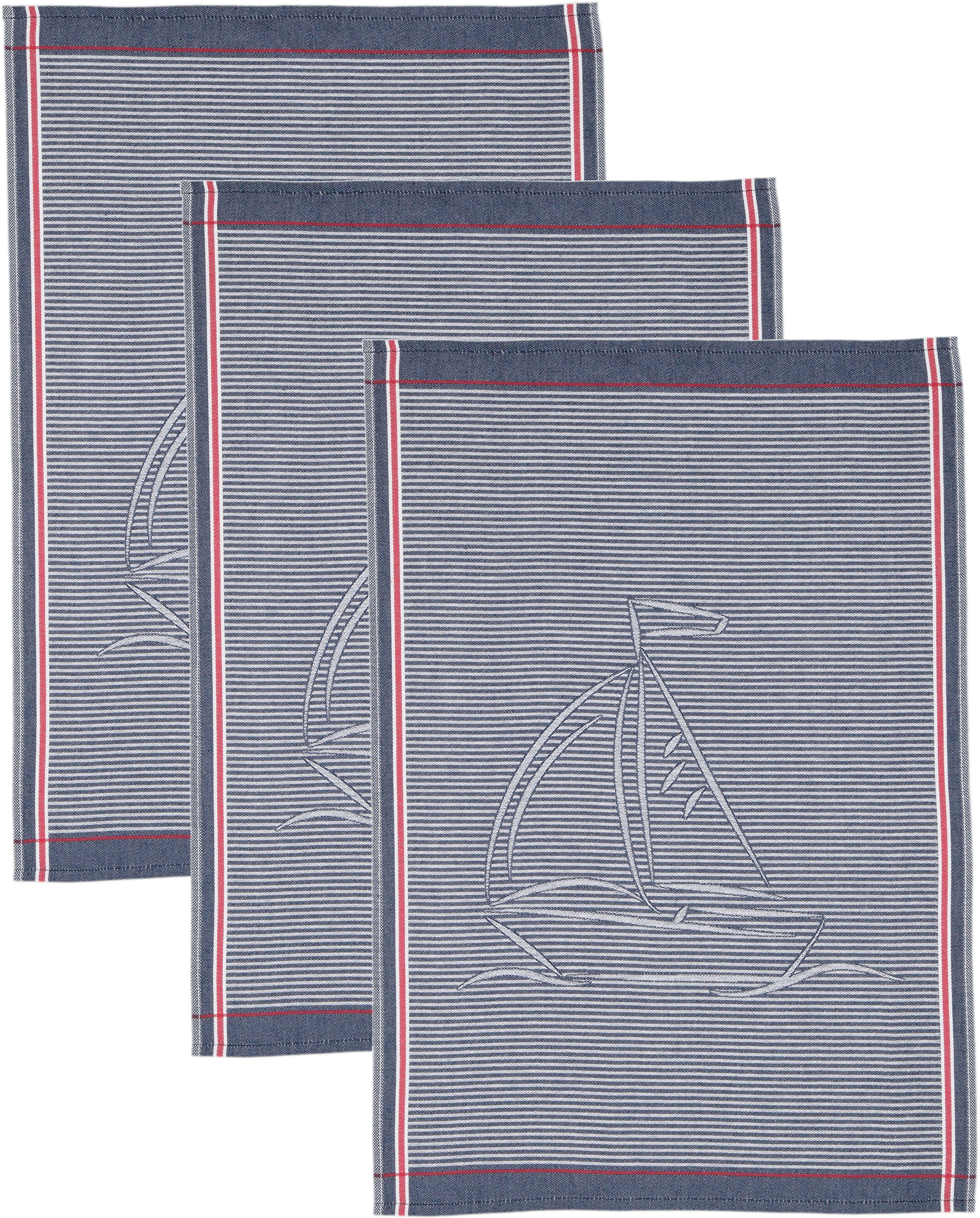 ROSS Geschirrtuch Maritim - Streifenfond Motivtuch, Baumwolle (Set, aus 3-tlg), Segelschiffen, mit 100