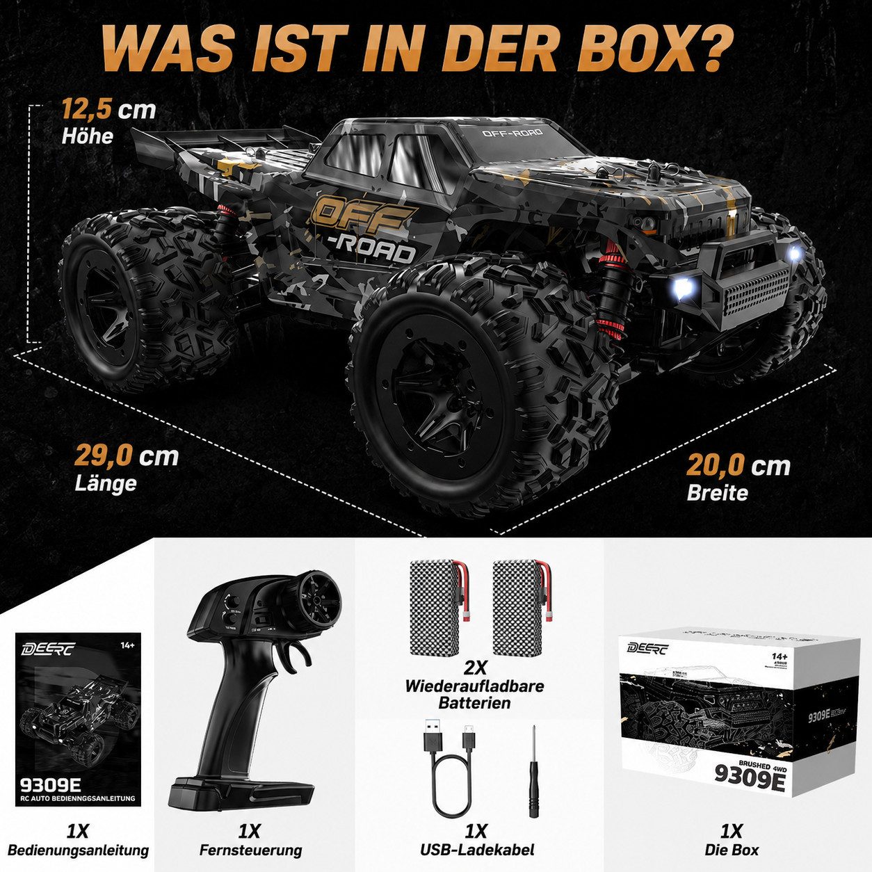 DEERC RC-Auto Ferngesteuertes Auto 1:16, 4WD Offroad RC-Auto, bis 40 km/h, 2 Akkus (1-tlg), Vollmetall-Antrieb, LED-Lichter & IPX4-Spritzwasserschutz