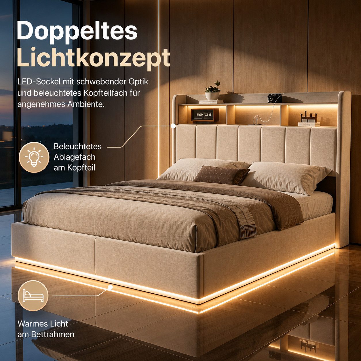 Simurq Polsterbett Polsterbett Doppelbett 140x200 mit LED & hydraul. Stauraum. (Bettgestell ohne Matratze, Bettgestell (inkl. Hydrauliksystem), ohne Matratze),  – Bild 2 von 5