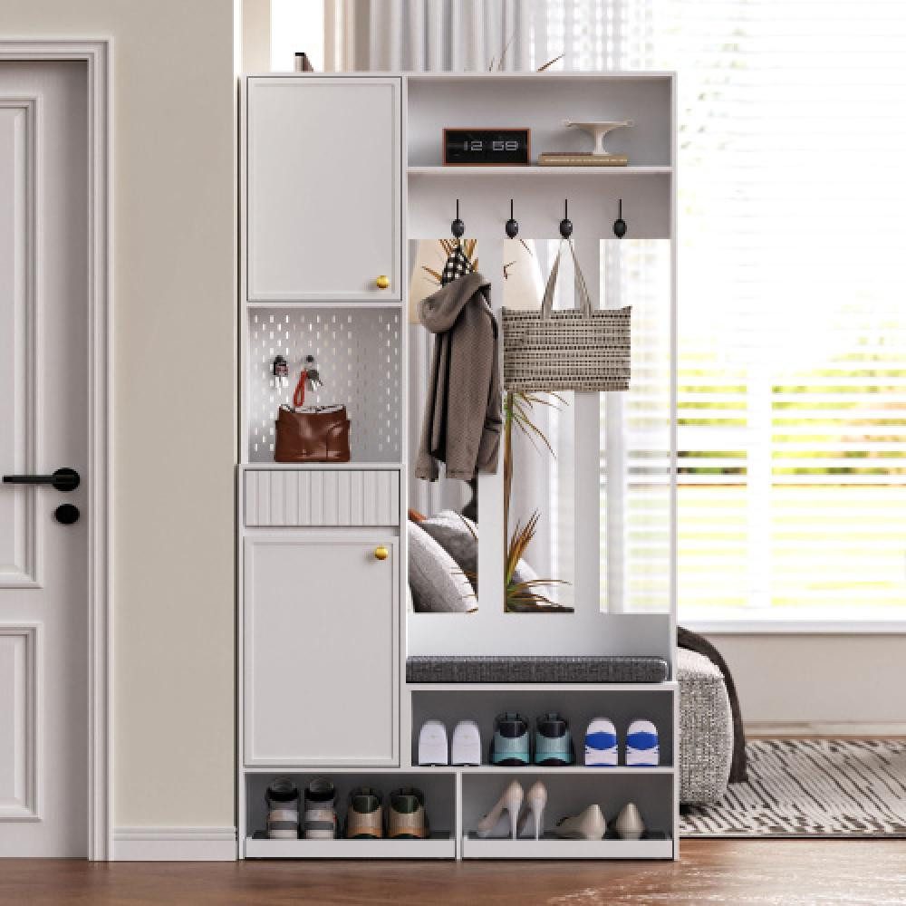 BBWL Garderobenschrank Garderobenset mit Sitzbank und Stauraum – Flurgarderobe mit 4 Haken Türen, Schubladen & Lochwand, MDF, 100x180x35 cm
