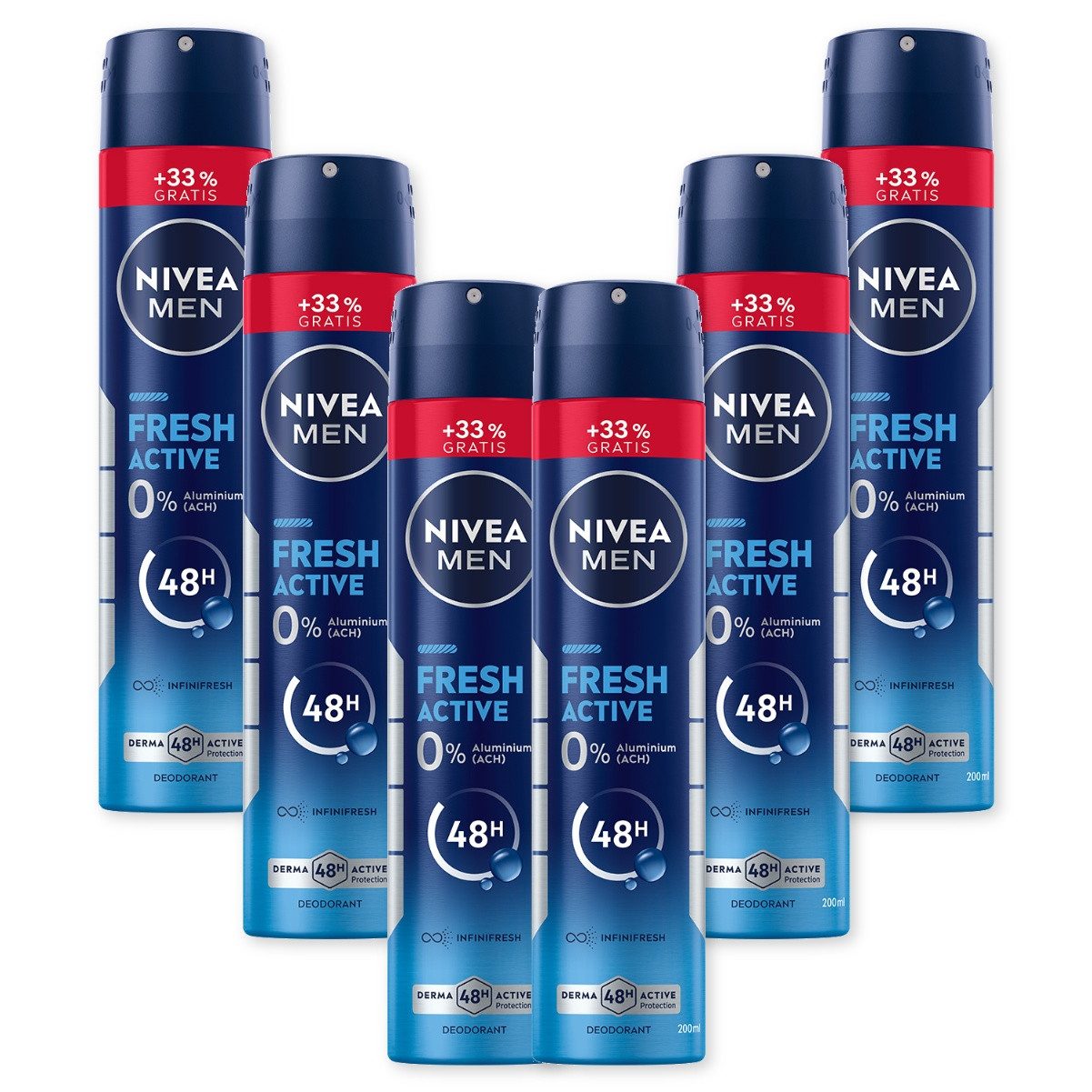 Nivea Men Deo-Spray Fresh Active XL 6x200ml DERMA 48h Aktiv-Schutz, 6-tlg., mit 48H Trockenschutz