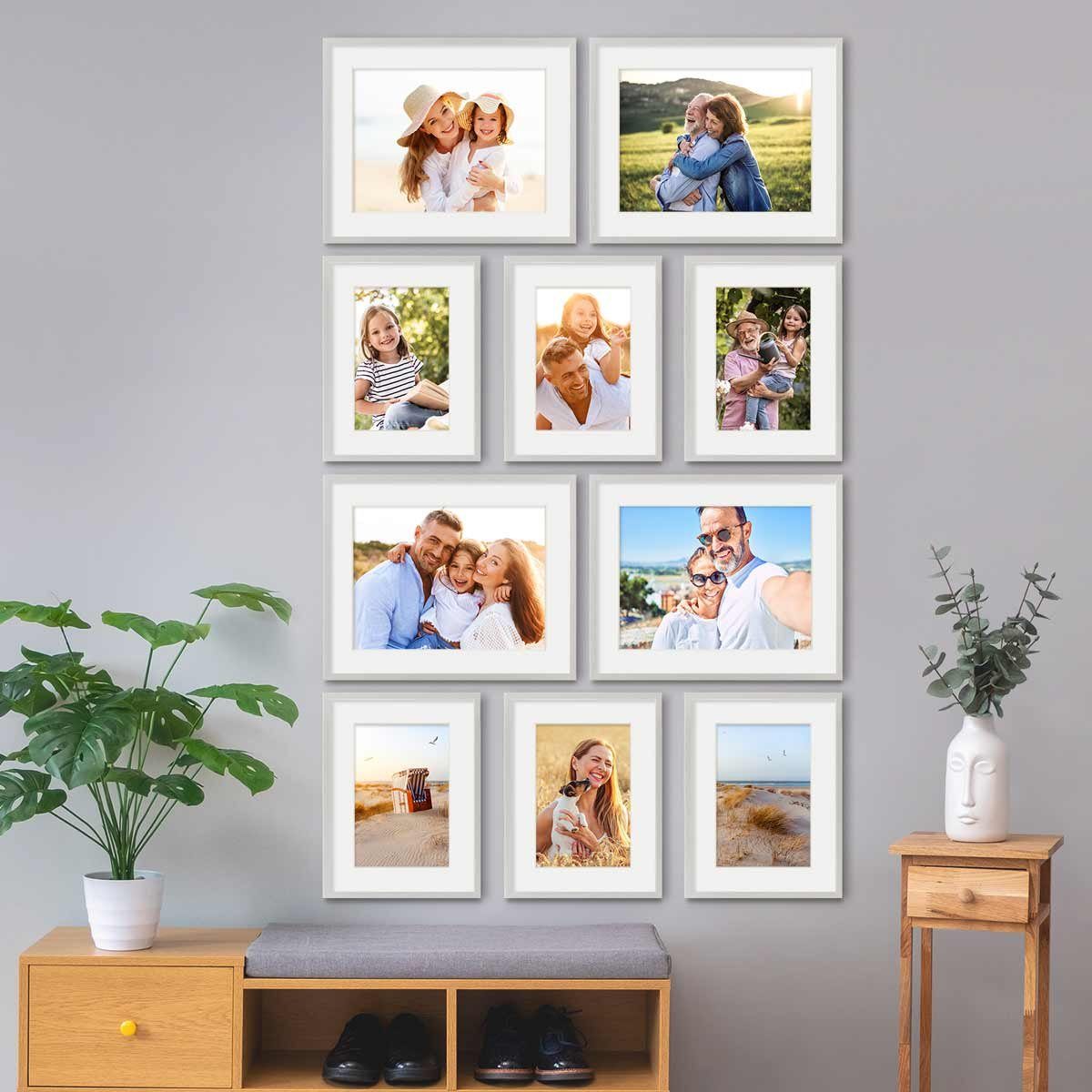 PHOTOLINI Bilderrahmen 10er Set Schmal cm und 30x40 Silber mit 40x50 cm Passepartout Modern