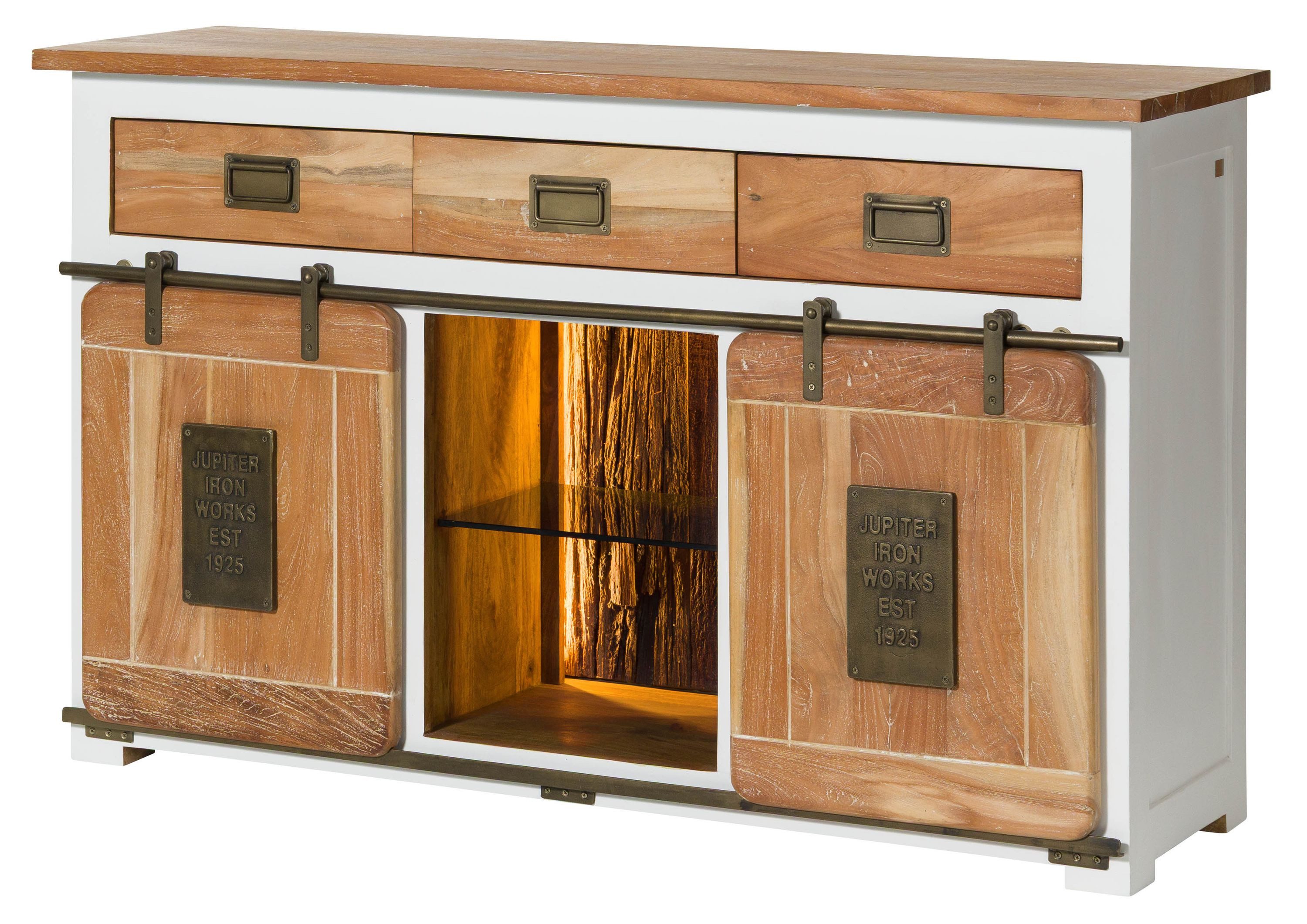 Massivmoebel24 Sideboard RAILWAY LUX Mango / Altholz Massivholz weiß (Massivholz montiert 78 kg RAILWAY LUX #500), Mango / Altholz 150x45x90 (BxTxH) weiß lackiert