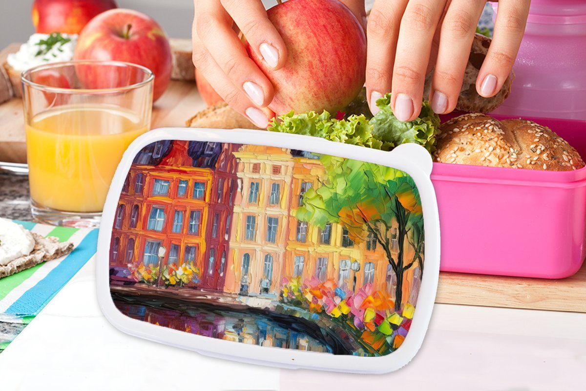 Erwachsene, Brotbox Kunst Kinder, Kunststoff - Snackbox, Brotdose rosa - MuchoWow Farbenfroh, Ölgemälde Mädchen, - Amsterdam (2-tlg), Lunchbox für Kunststoff,