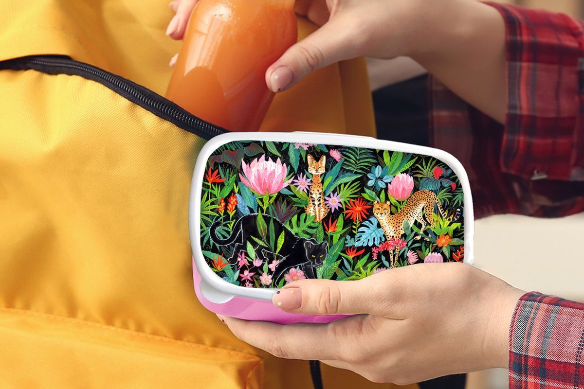 MuchoWow Lunchbox Dschungel Snackbox, Erwachsene, Kinder, Brotdose für Tiere, Kunststoff Mädchen, - Brotbox Pflanzen - (2-tlg), rosa Kunststoff