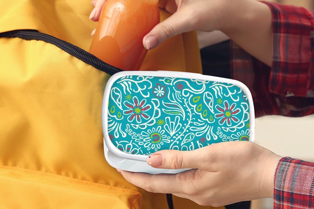 Mädchen Brotdose, - Lunchbox für und Kinder - Erwachsene, Blätter MuchoWow Blumen für (2-tlg), Design, und Tropisch weiß - Kunststoff, Brotbox Jungs