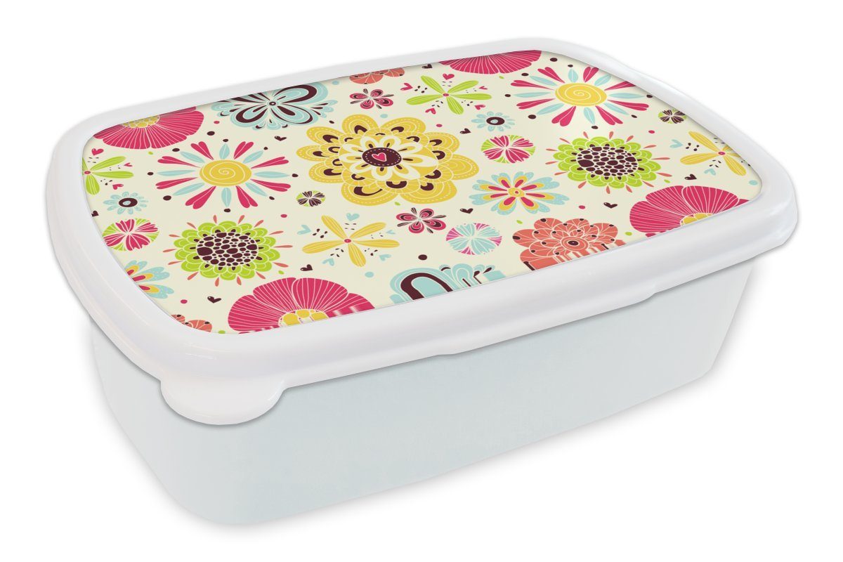 MuchoWow Lunchbox Herz - Blumen - Muster, Kunststoff, (2-tlg), Brotbox für Kinder und Erwachsene, Brotdose, für Jungs und Mädchen weiß