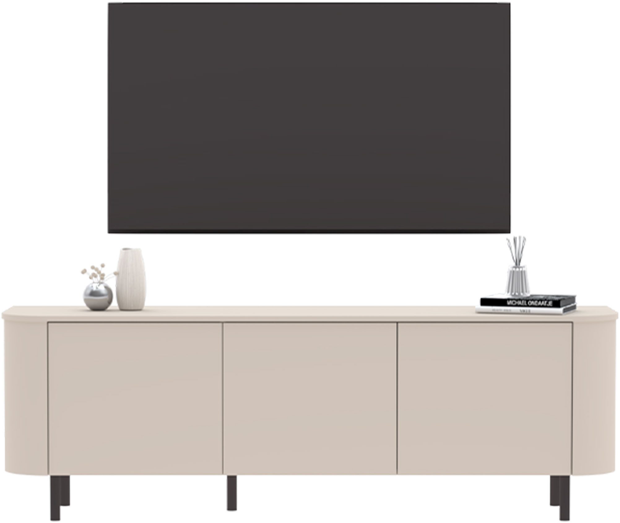 INOSIGN Lowboard Lido, 181 cm breit, 3 Türen, TV-Schrank, TV-Kommode, Medienboard, Formgebogenes MDF, Stirnseiten mit Rundung, Push-to-open, Metallfüße
