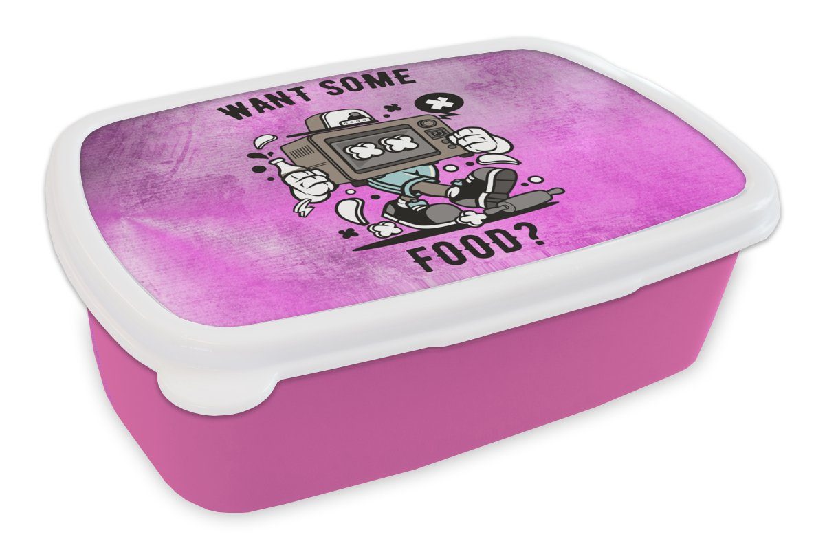 MuchoWow Lunchbox Fernsehen - Lebensmittel - Vintage, Kunststoff, (2-tlg), Brotbox für Erwachsene, Brotdose Kinder, Snackbox, Mädchen, Kunststoff rosa