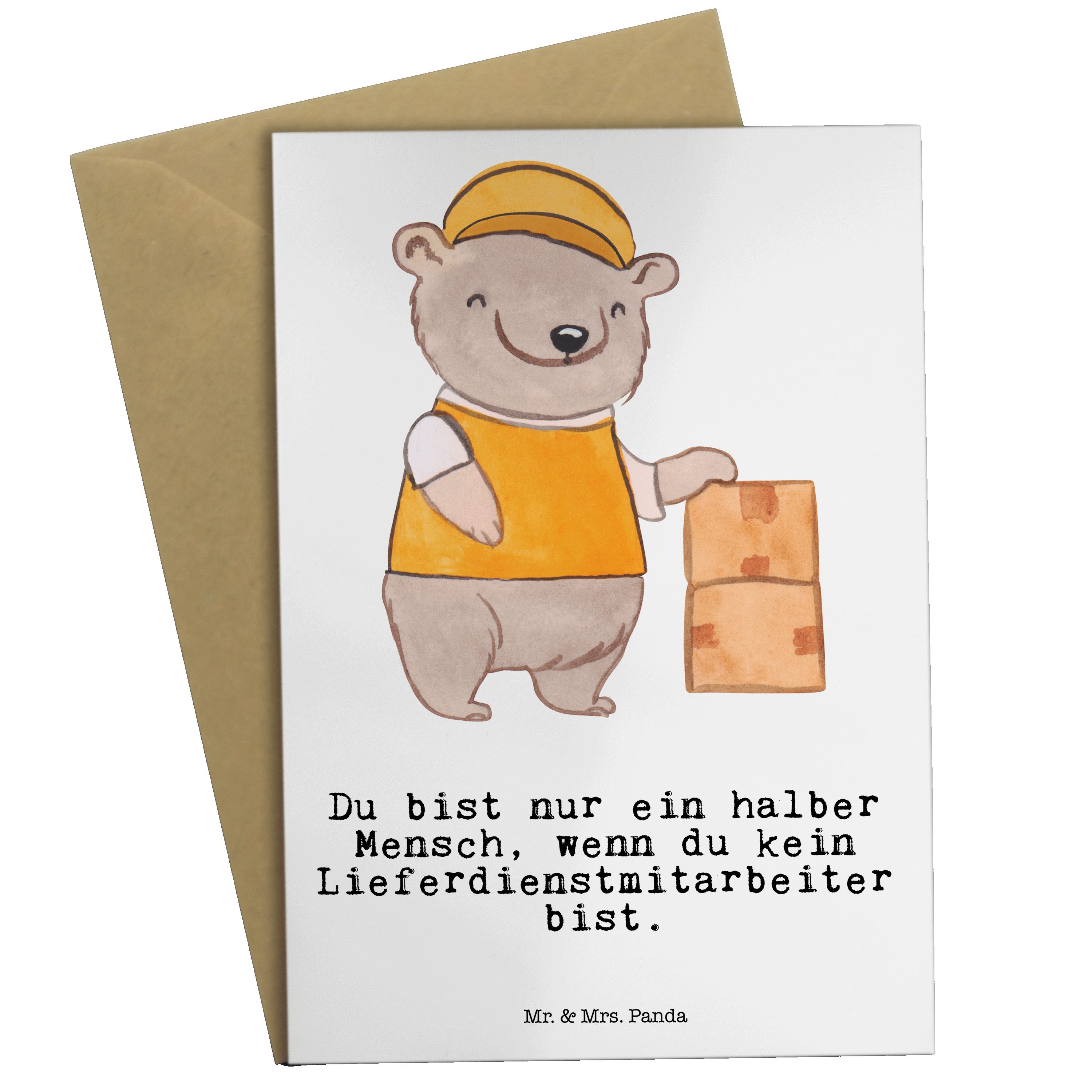 Mr. & Mrs. Panda Grußkarte Lieferdienstmitarbeiter mit Herz - Weiß - Geschenk, Italiener, Geburt