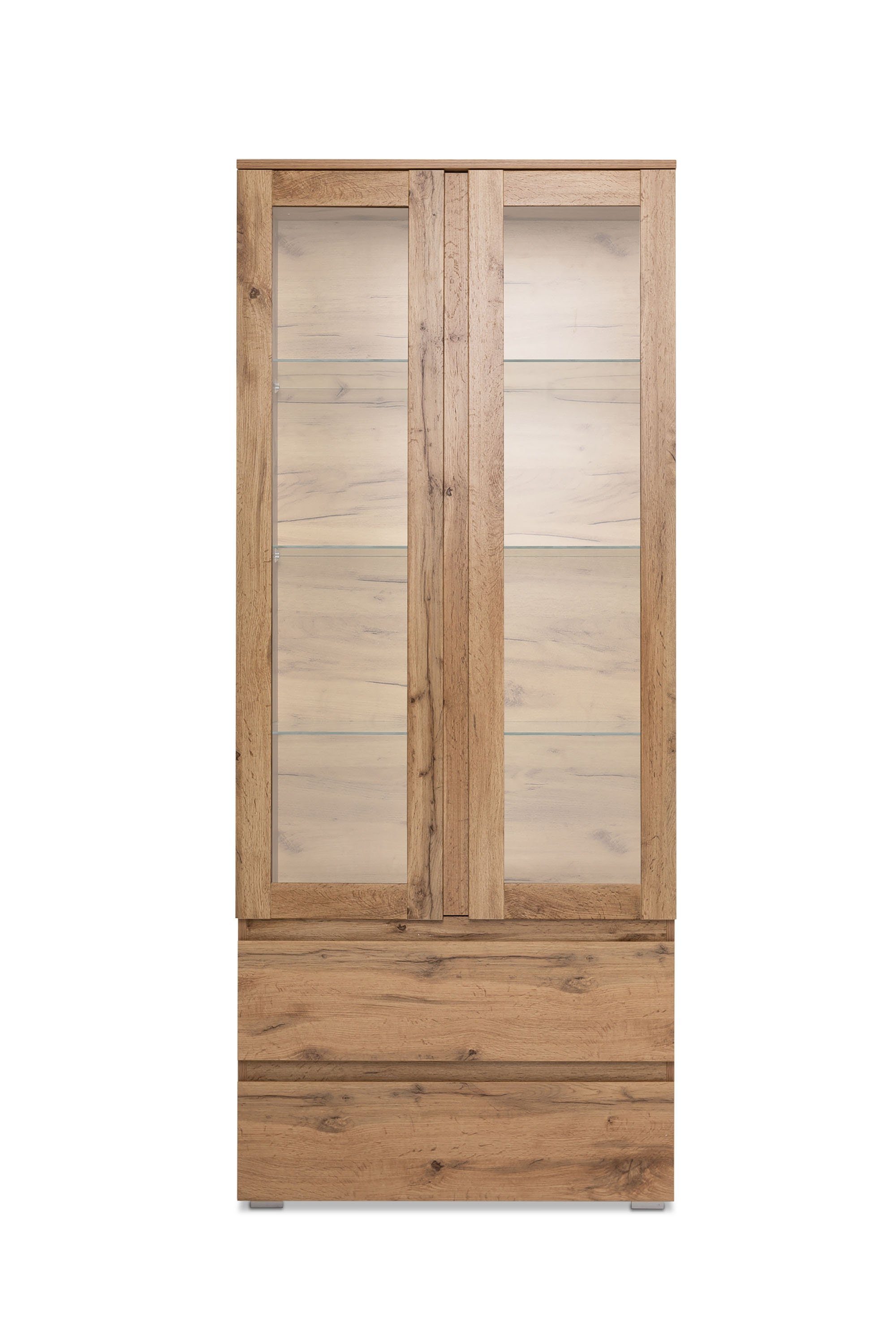 Newroom Standvitrine Dekor Honig Eiche 80 cm Vitrine Honig Eiche Dekor Vitrinenschrank Modern Wohnzimmer Küche – Bild 4 von 5